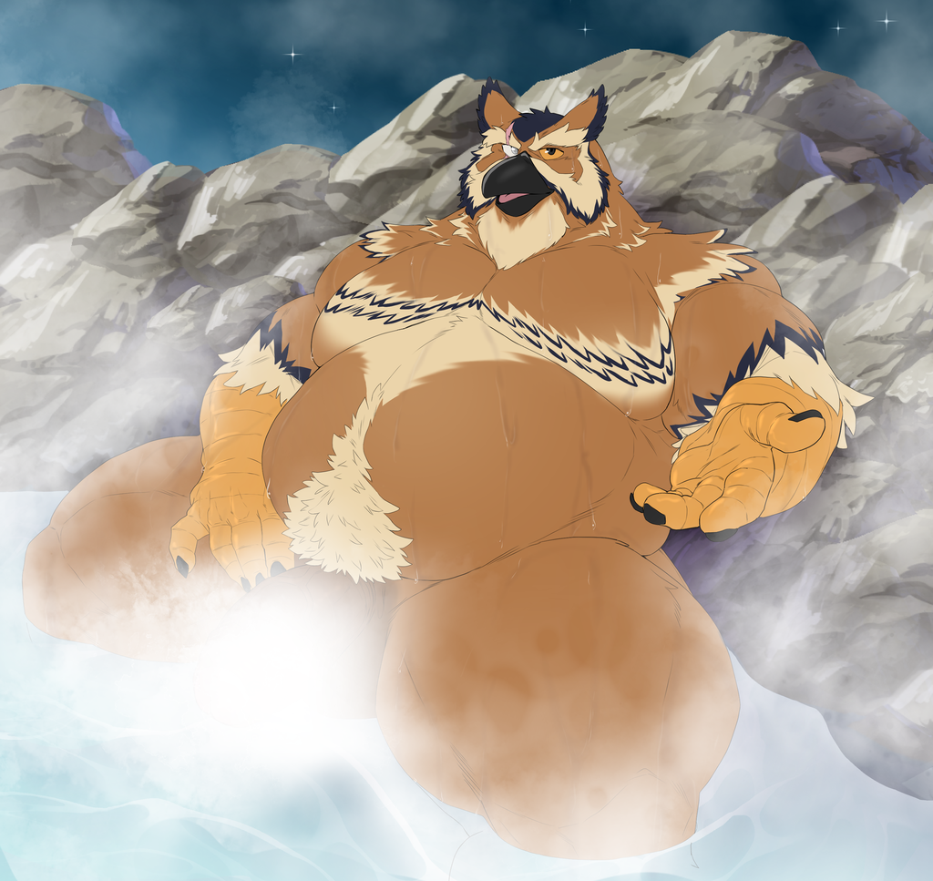 anthro avian balls belly bird censored censored_balls censored_genitalia censored_penis extending_hand eye_scar facial_scar great_horned_owl horned_owl hot_spring looking_at_viewer lox_oleum male naturally_censored night owl pubes reaching_towards_viewer rock scar sitting_in_water solo star steam taighet_28 true_owl water