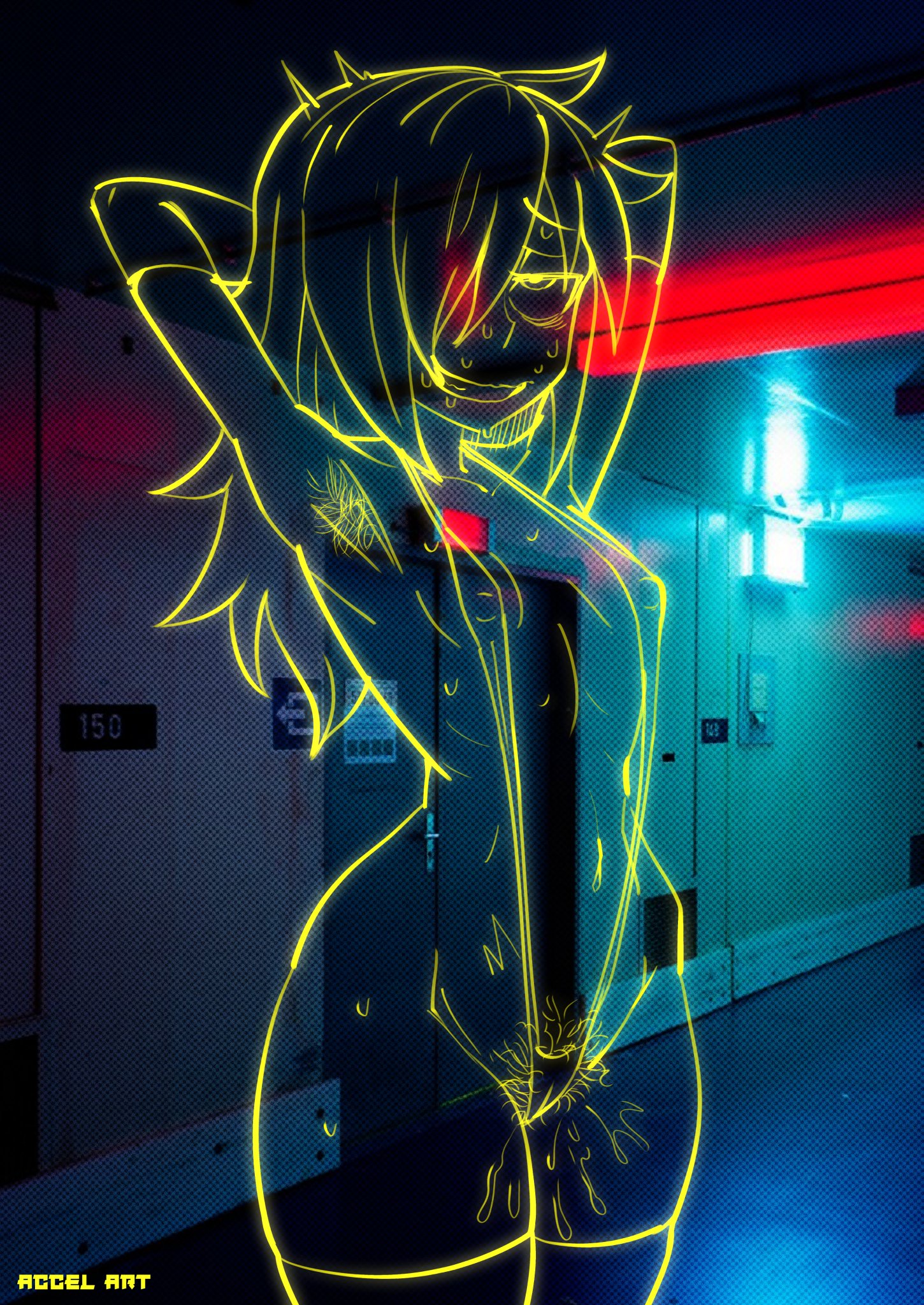 accelart, arms behind back, female, hair covering eye, hairy pussy, kuroki tomoko, micro bikini, neon, neon lights, pussy, pussy juice, watashi ga motenai no wa dou kangaetemo omaera ga warui!