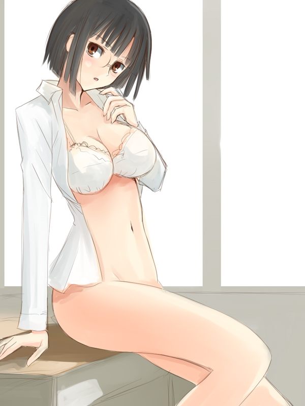 bob_cut bottomless bra durarara!! glasses lingerie niwatori_kokezou open_clothes open_shirt shirt short_hair sonohara_anri underwear white_background white_bra