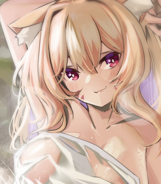 animal_ear_fluff animal_ears bangs bare_shoulders blonde_hair blurry blush brown_hair cat_ears closed_mouth collarbone eyebrows_visible_through_hair female hair_between_eyes head_tilt long_hair looking_at_viewer purple_eyes smile solo squchan_(vtuber) upper_body vyugen