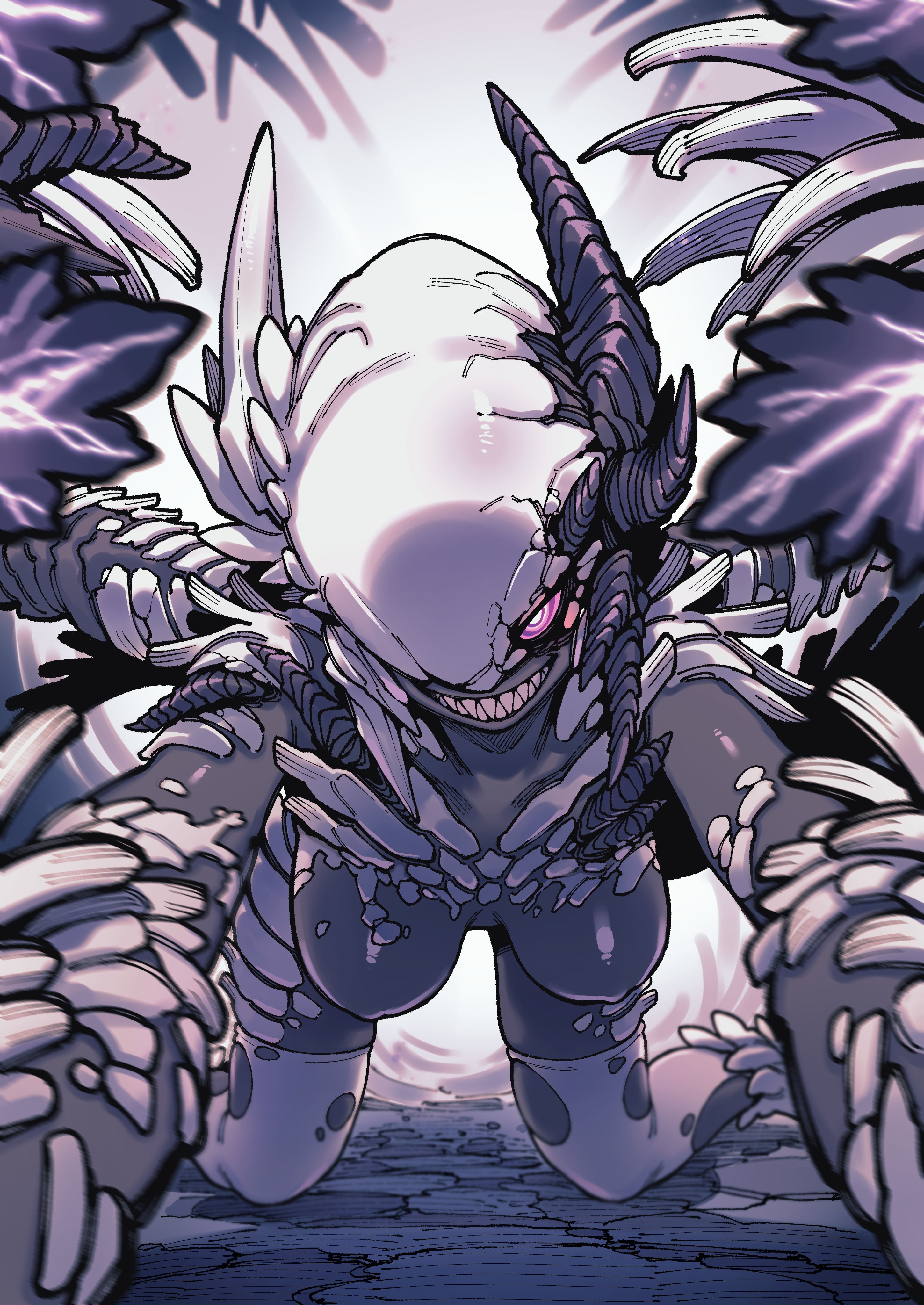 1girls, breasts, dragon girl, evil grin, female, grin, humanized, karasu chan, leaning forward, light skin, light-skinned female, looking at viewer, medium breasts, monster hunter, monster hunter wilds, pale skin, pale-skinned female, pov, purple eyes, scales, sharp teeth, zoh shia