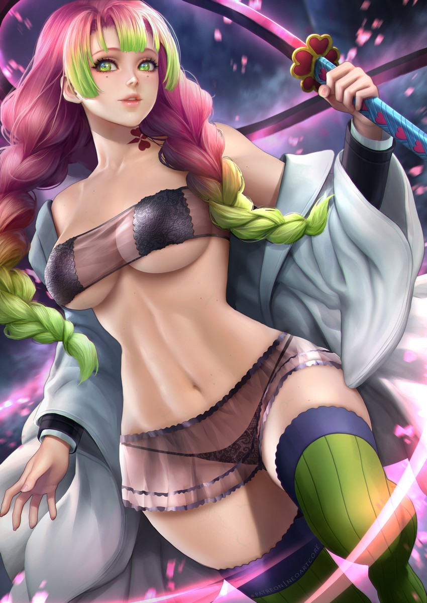 1girls, alternate costume, bandeau, bangs, big breasts, black bra, black panties, bra, braided hair, breasts, curvy, demon slayer, female, female only, gradient hair, green eyes, haori, heart-shaped pupils, hourglass figure, kanroji mitsuri, katana, kimetsu no yaiba, lingerie, long hair, long sleeves, miniskirt, mole under eye, neck tattoo, neoartcore, off shoulder, panties, pink hair, pink-haired female, realistic, see-through clothing, solo, strapless bra, sword, tattoo, thick thighs, thighhighs, two-tone hair, underboob, wide hips