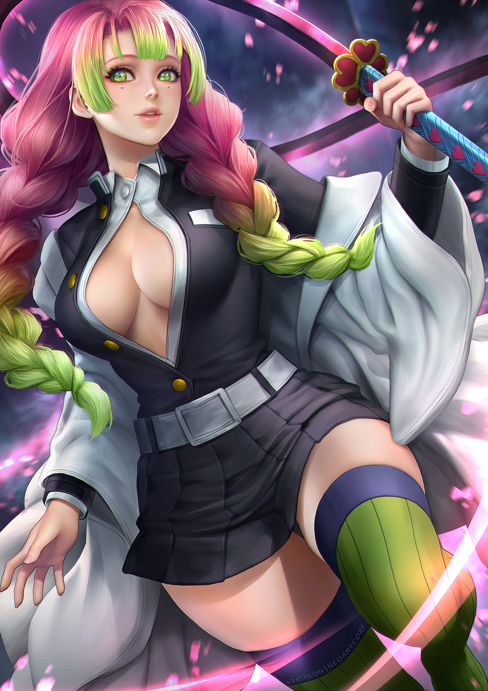 1girls, bangs, big breasts, braided hair, breasts, cleavage, clothing, demon slayer, female, female only, gradient hair, green eyes, haori, heart-shaped pupils, kanroji mitsuri, katana, kimetsu no yaiba, long hair, long sleeves, miniskirt, mole under eye, neoartcore, no bra, open shirt, pink hair, pink-haired female, pleated skirt, realistic, solo, sword, thick thighs, thighhighs, two-tone hair, uniform