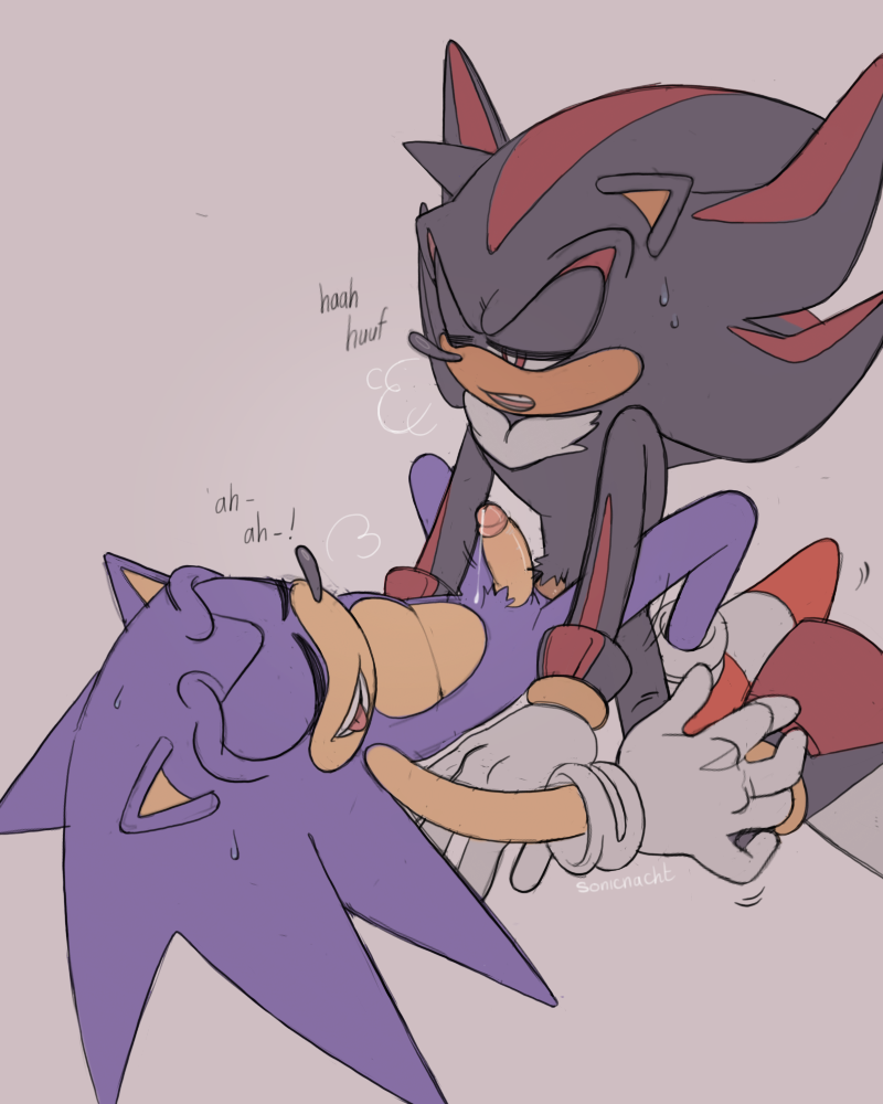 2boys, anthro, anthro on anthro, anthro only, anthro penetrated, anthro penetrating, anthro penetrating anthro, artist name, artist signature, black fur, blue fur, bodily fluids, closed eyes, cum, cum drip, dialogue, duo, ejaculation, erection, flat colors, fur, furry, furry only, gay, genital fluids, half-closed eyes, hedgehog, looking at another, looking at partner, looking down, looking pleasured, male, male only, male/male, missionary, missionary position, mobian (species), one eye closed, red eyes, red fur, sega, shadow the hedgehog, sonadow, sonic (series), sonic the hedgehog, sonic the hedgehog (series), sonicnacht, sweat, sweatdrop, text, thrusting, tongue, tongue out, visible breath, white gloves, yaoi