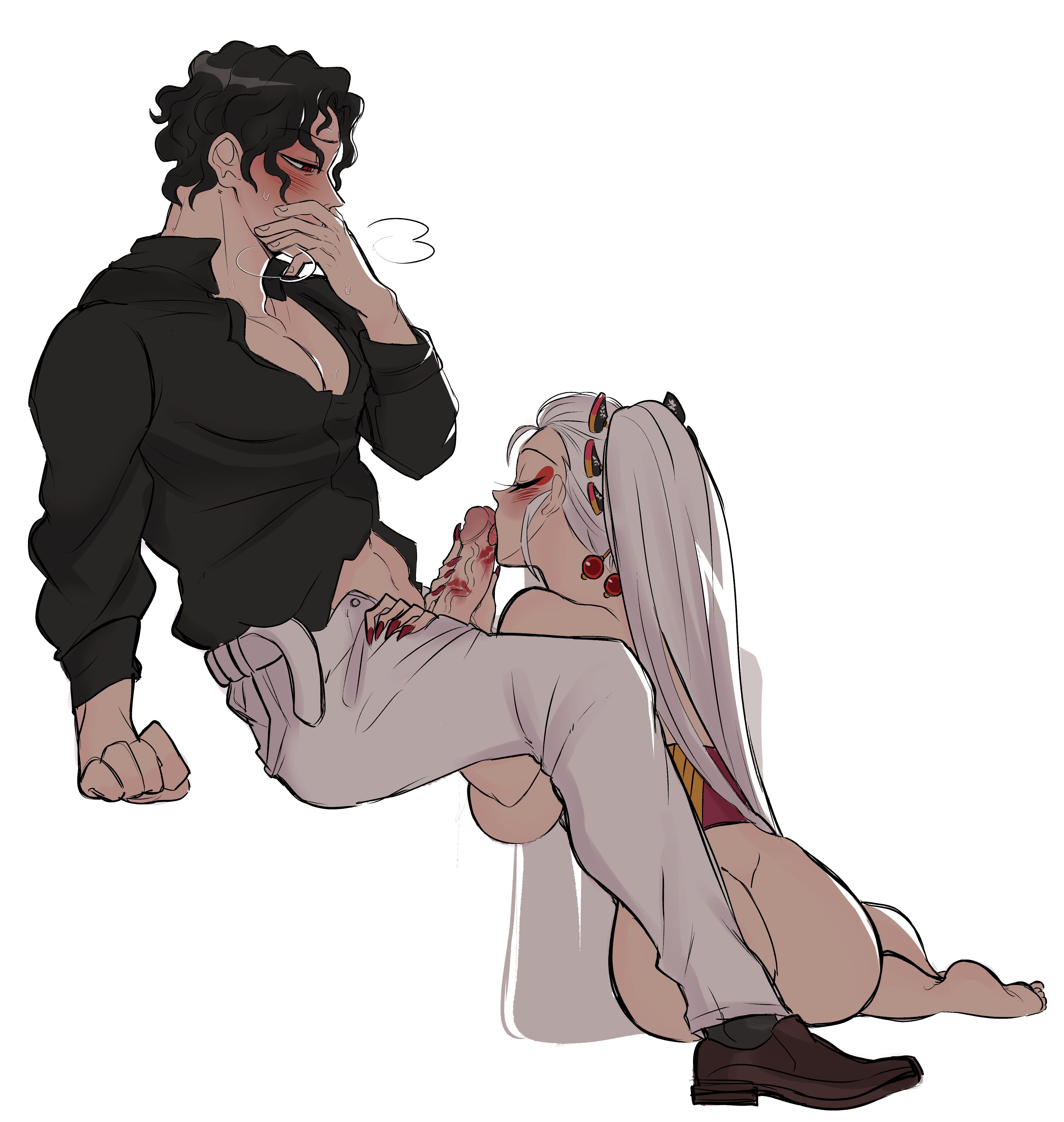 1boy, 1girls, ass, bbeetleko, big ass, blush, covering mouth, daki (kimetsu no yaiba), demon slayer, erection, eyeshadow, female, hair ornament, holding penis, kimetsu no yaiba, kiss mark, licking penis, lipstick mark, lipstick on penis, long hair, male, muzan kibutsuji, nail polish, obi, open pants, oral, penis, penis lick, red lipstick, red nails, sharp fingernails, sitting, uncensored, white hair