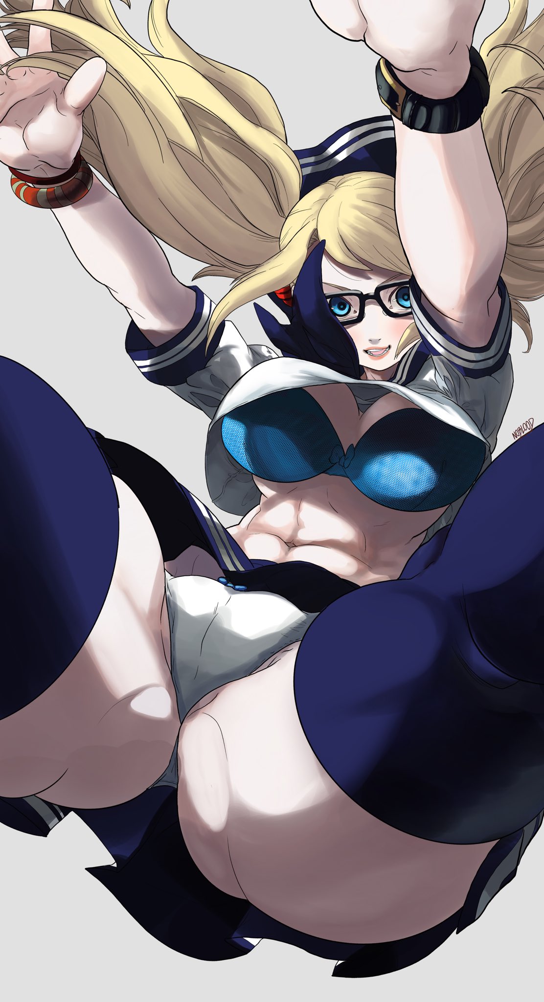 2021, abs, ass, blonde hair, blue eyes, blue legwear, bra, breasts, capcom, cleavage, female, female focus, female only, glasses, highres, large breasts, long hair, muscular, muscular female, noblood, official alternate costume, panties, rainbow mika, ribbon panties, school uniform, skirt, smile, solo, street fighter, street fighter v, thick thighs, thighs, twintails, underwear, very long hair, voluptuous, wristband, wristwatch
