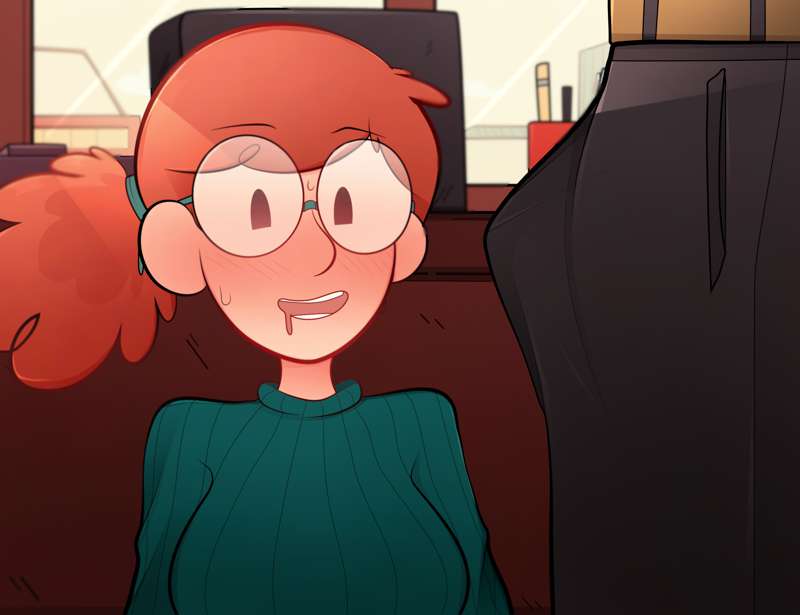 1boy, 1girls, arkeus, bulge through clothing, david's mom (hilda), drooling, eyeglasses, female, hilda (series), imminent deepthroat, imminent oral, imminent sex, male, oral, penis, penis bulge, ponytail, red hair, redhead, sweater, tagme, unseen male face, wearing glasses