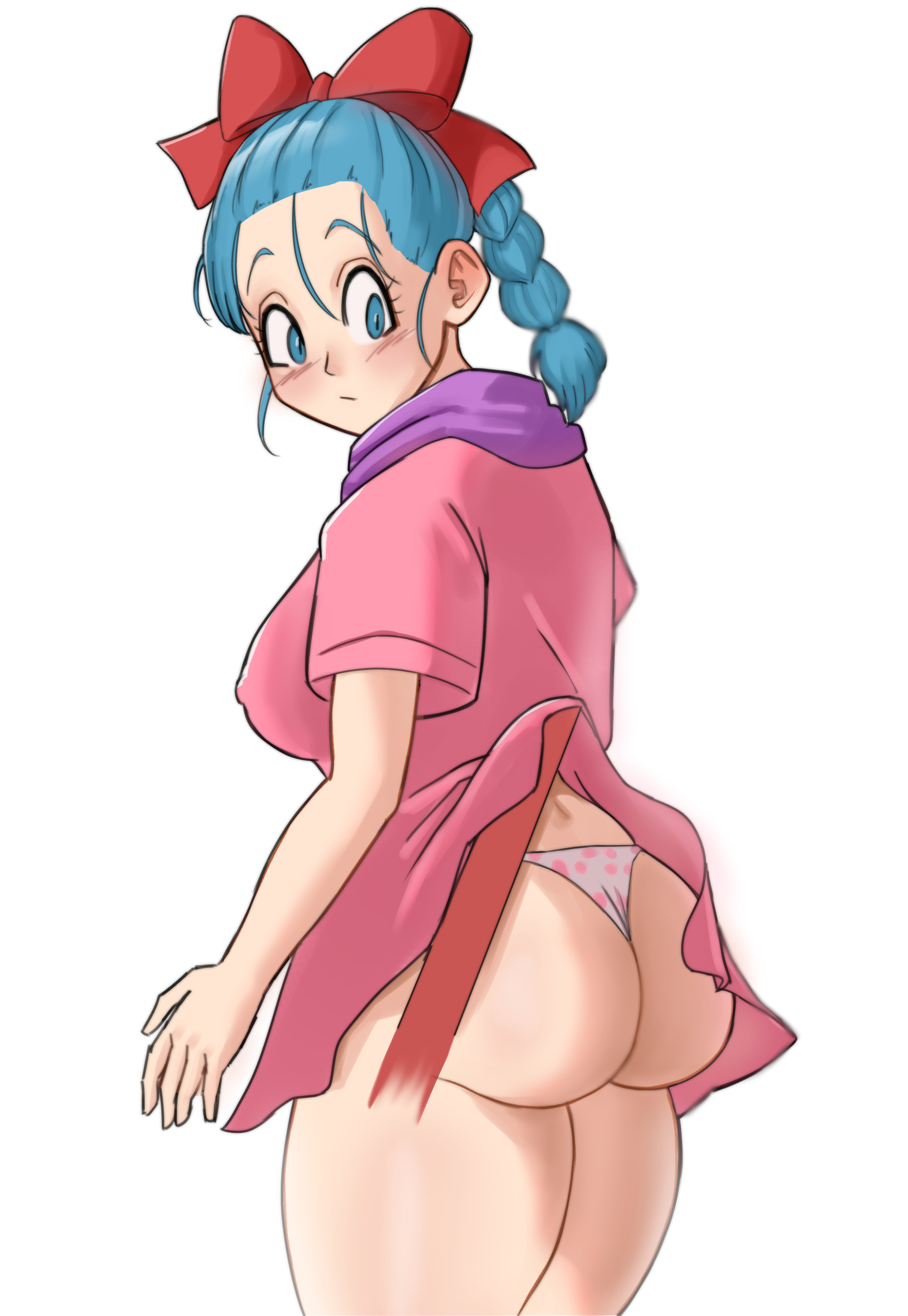 1girls, ass, assisted exposure, big ass, blue eyes, blue hair, blush, braided hair, breasts, bubble ass, bubble butt, bulma briefs, canonical scene, dragon ball, dragon ball (classic), erect nipples, erect nipples under clothes, female, female only, hair ribbon, light skin, long hair, nipple bulge, nipples, panties, solo, spageta, standing, teenage bulma, teenage female, teenager, thick thighs, thighs, upskirt