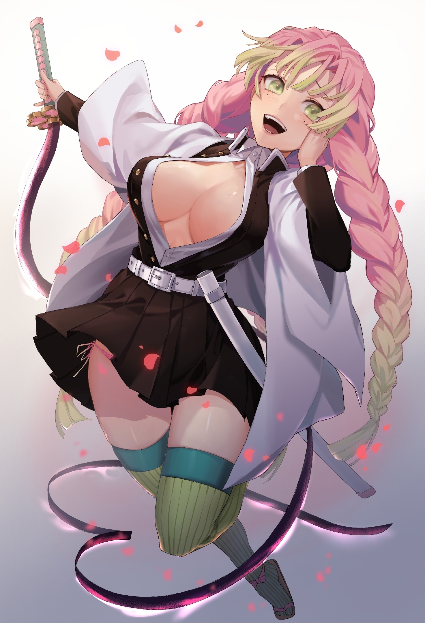 1girls, bangs, big breasts, breasts, cleavage, demon slayer, female, female only, full body, gradient hair, green eyes, haori, kanroji mitsuri, katana, kimetsu no yaiba, liyuchen1126, long hair, long sleeves, mole under eye, no bra, open mouth, open shirt, panties, petals, pink hair, pink-haired female, pleated skirt, revealing clothes, side-tie panties, smile, solo, sword, thighhighs, two-tone hair, very long hair, wide hips