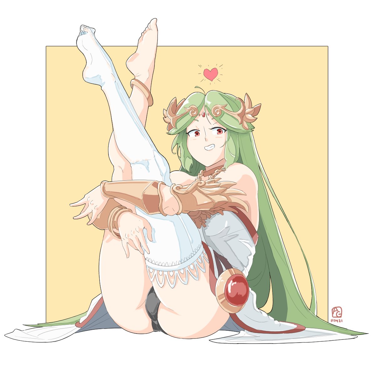 ass, automatic giraffe, bean smile, dress lift, fair skin, fair-skinned female, female, gauntlets, green hair, heart, kid icarus, kid icarus uprising, legs up, light skin, light-skinned female, long hair, looking at viewer, nintendo, palutena, pinup pose, red eyes, teeth, thick ass, thick thighs, thigh highs, thighs, thong, thong panties
