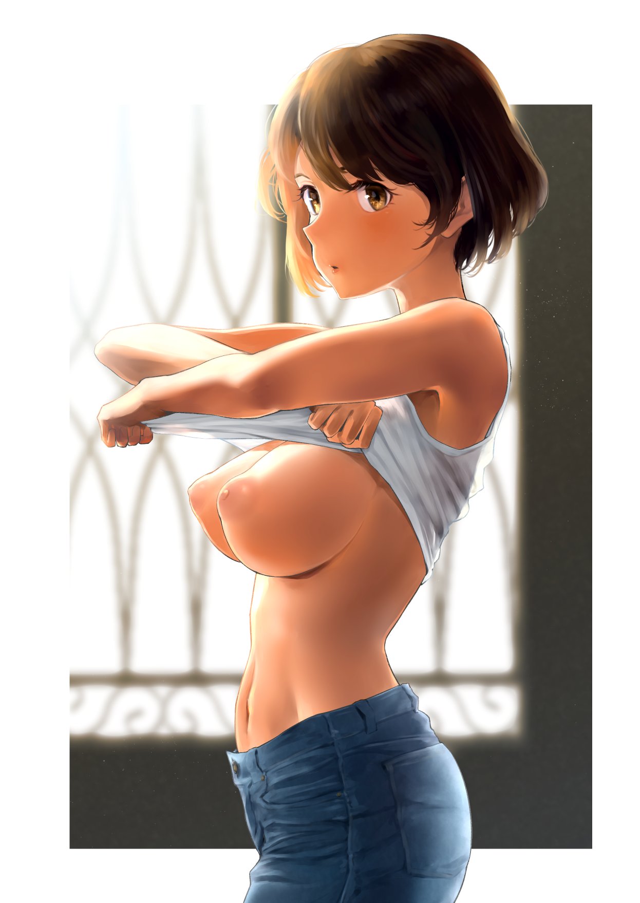backlighting, bangs, bare shoulders, belly button, blue pants, blush, breasts, brown eyes, brown hair, clothes lift, denim, female, highres, jeans, large breasts, looking at viewer, navel, nipples, original, pants, parted lips, shirt lift, short hair, solo, tank top, wa (genryusui), white tank top
