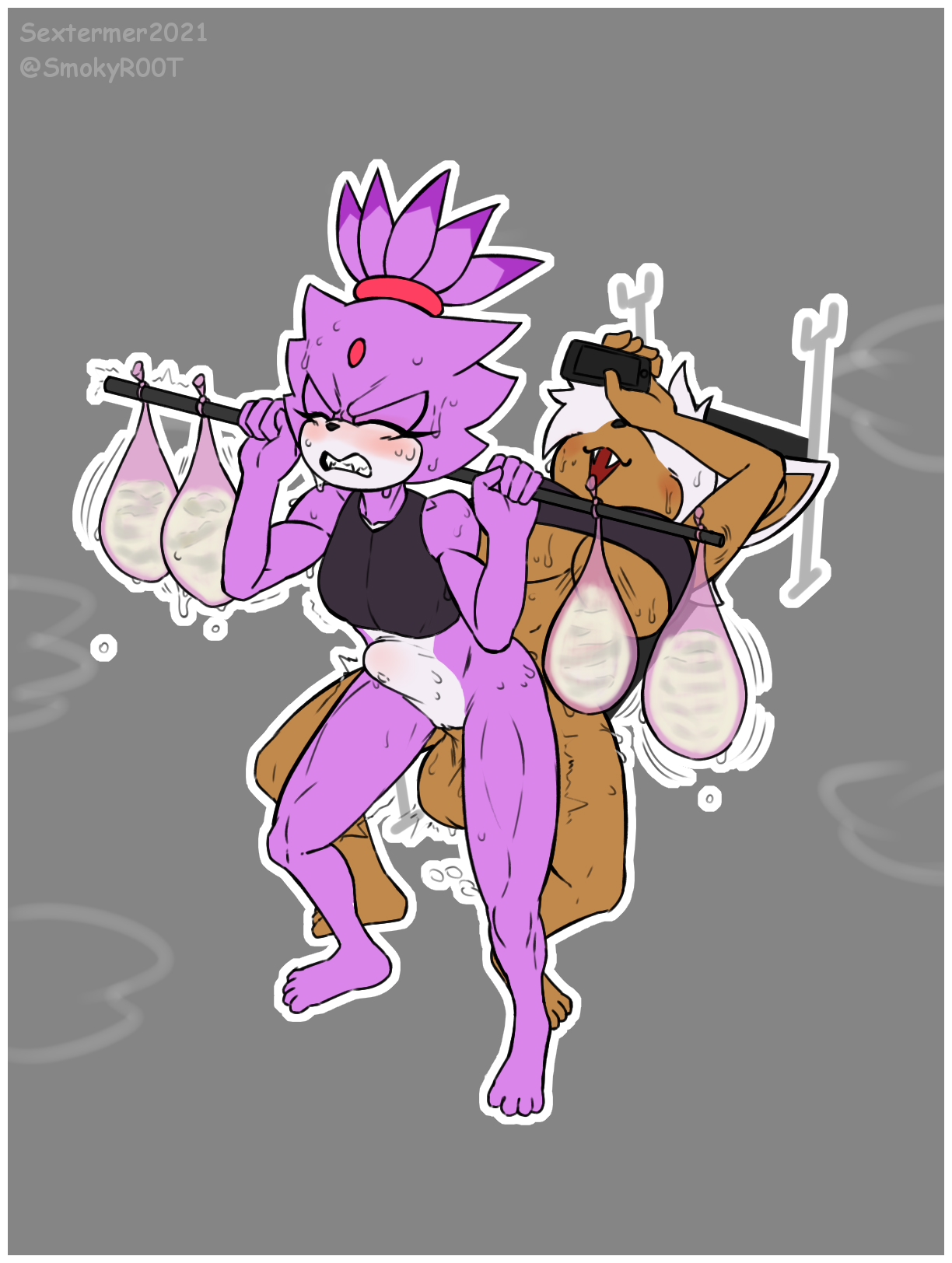 anthro, balls, bat, big breasts, blaze the cat, bodily fluids, breasts, chiropteran, closed eyes, condom, damageisreally, duo, exercise, female, female penetrated, filled condom, futa on female, futa penetrating, futa penetrating female, futa/female, futanari, genitals, hi res, intersex, intersex penetrating, intersex penetrating female, intersex/female, male, mammal, penetration, penile, penile penetration, penis, purple body, pussy, rouge the bat, sega, sexual barrier device, sonic (series), sonic the hedgehog (series), stomach bulge, sweat, vaginal penetration, weightlifting, workout