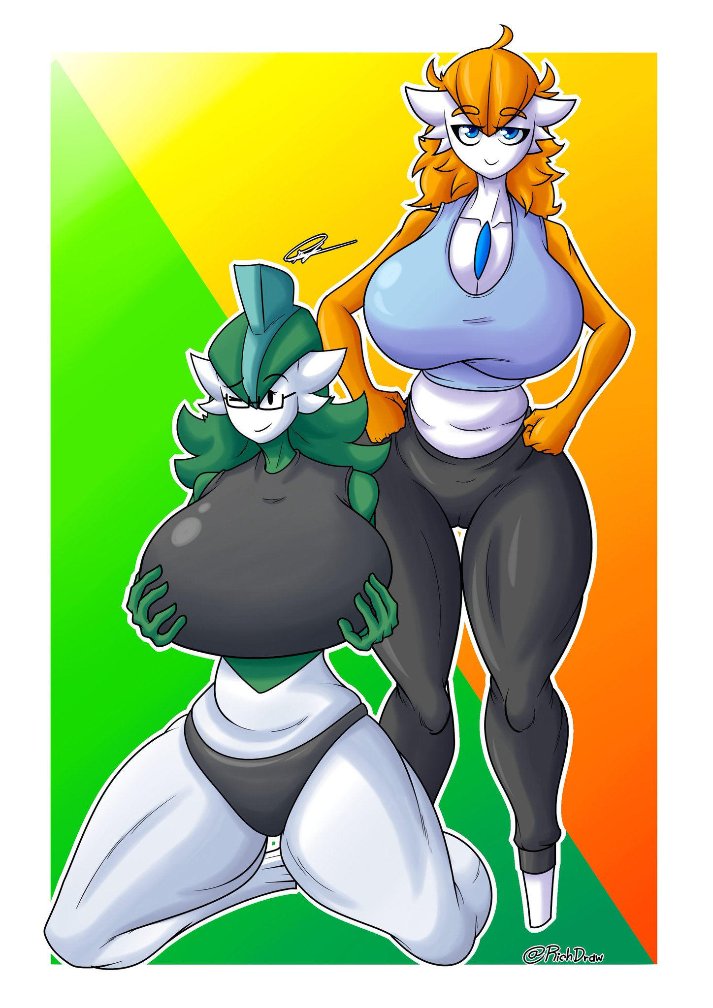2girls, ass, big ass, big breasts, big butt, big hips, big nipples, big thighs, breasts, cleavage, female, female focus, female only, hourglass figure, huge ass, huge breasts, huge butt, huge hips, huge thighs, large ass, large breasts, large butt, larger female, mango (shewiff), multiple females, multiple girls, pokémon (species), pokemon, pokemon (species), richdraw, shewiff, vera (shewiff), wide hips