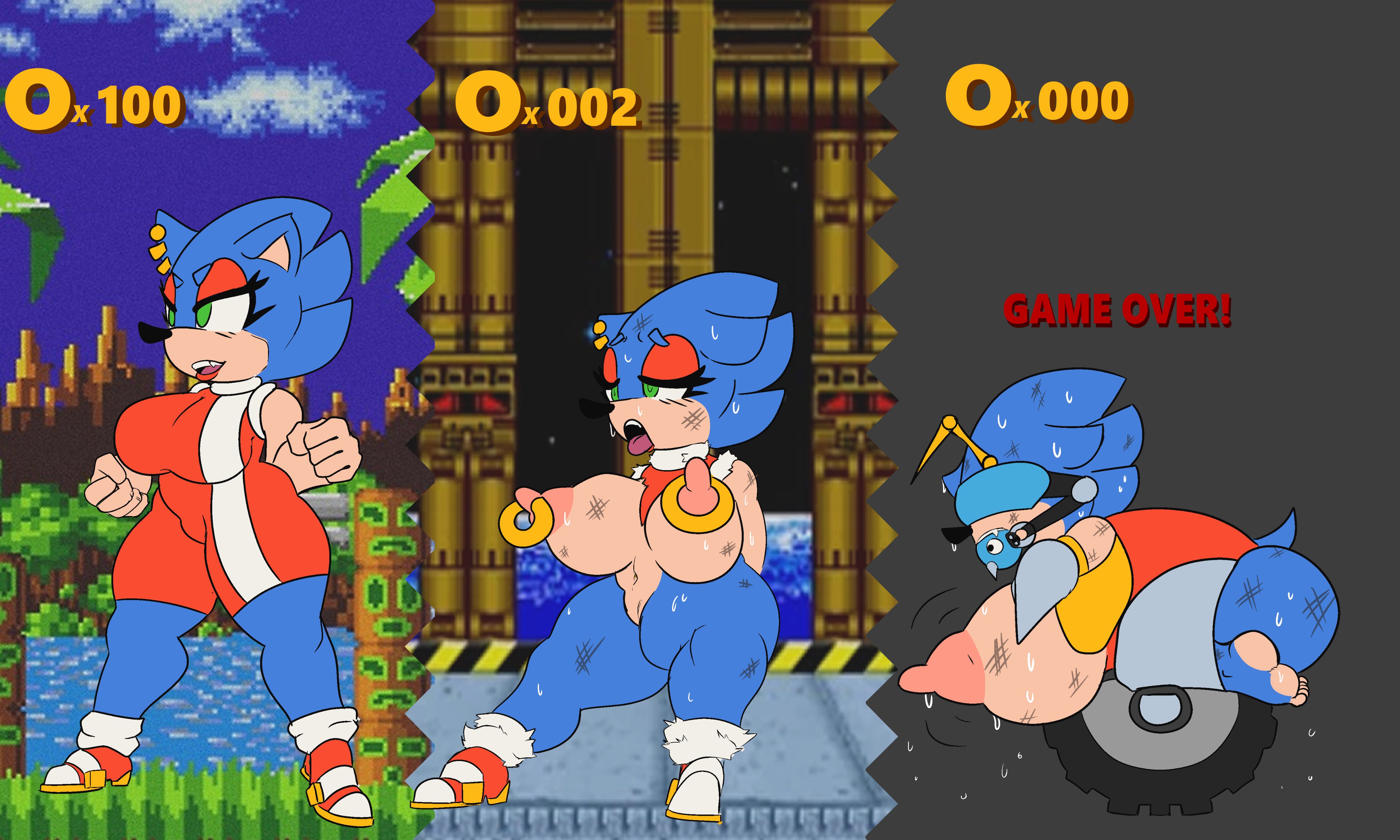 anthro, ass, bad end, blindfold, blueberrygriz, blueberrygrizzly, bondage, defeated, feet, female, footwear, game over, gameplay mechanics, handwear, rule 63, sonic (series), sonic the hedgehog, sonique the hedgehog, sweat, sweatdrop, sweating, tagme