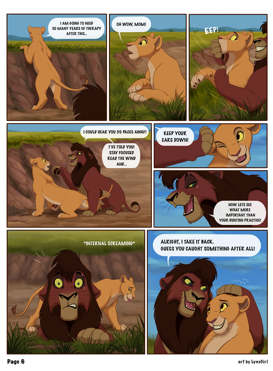 balls barely_visible_balls barely_visible_genitalia comic detailed_background dialogue disney english_text eye_scar facial_scar felid female feral genitals grass hi_res kiara kovu lion looking_at_another male male/female mammal mane outside pantherine paw_on_head paw_on_muzzle paws plant pussy radixpanther reallynxgirl scar sky speech_bubble text the_lion_king whiskers yellow_eyes