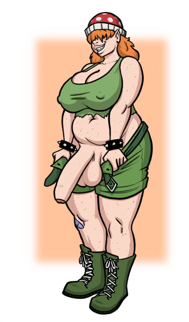 1futa, balls, big balls, big breasts, big penis, breasts, chubby, chubby futa, clothed, clothing, erection, foreskin, full body, futa only, futanari, grin, hair over eyes, human, humanized, intersex, kostos art, large breasts, light skin, light-skinned futa, mario (series), mostly clothed, nipple bulge, orange hair, pale skin, pants, pants down, penis, penis out, piranha plant, simple background, solo, standing, testicles, uncircumcised, uncut