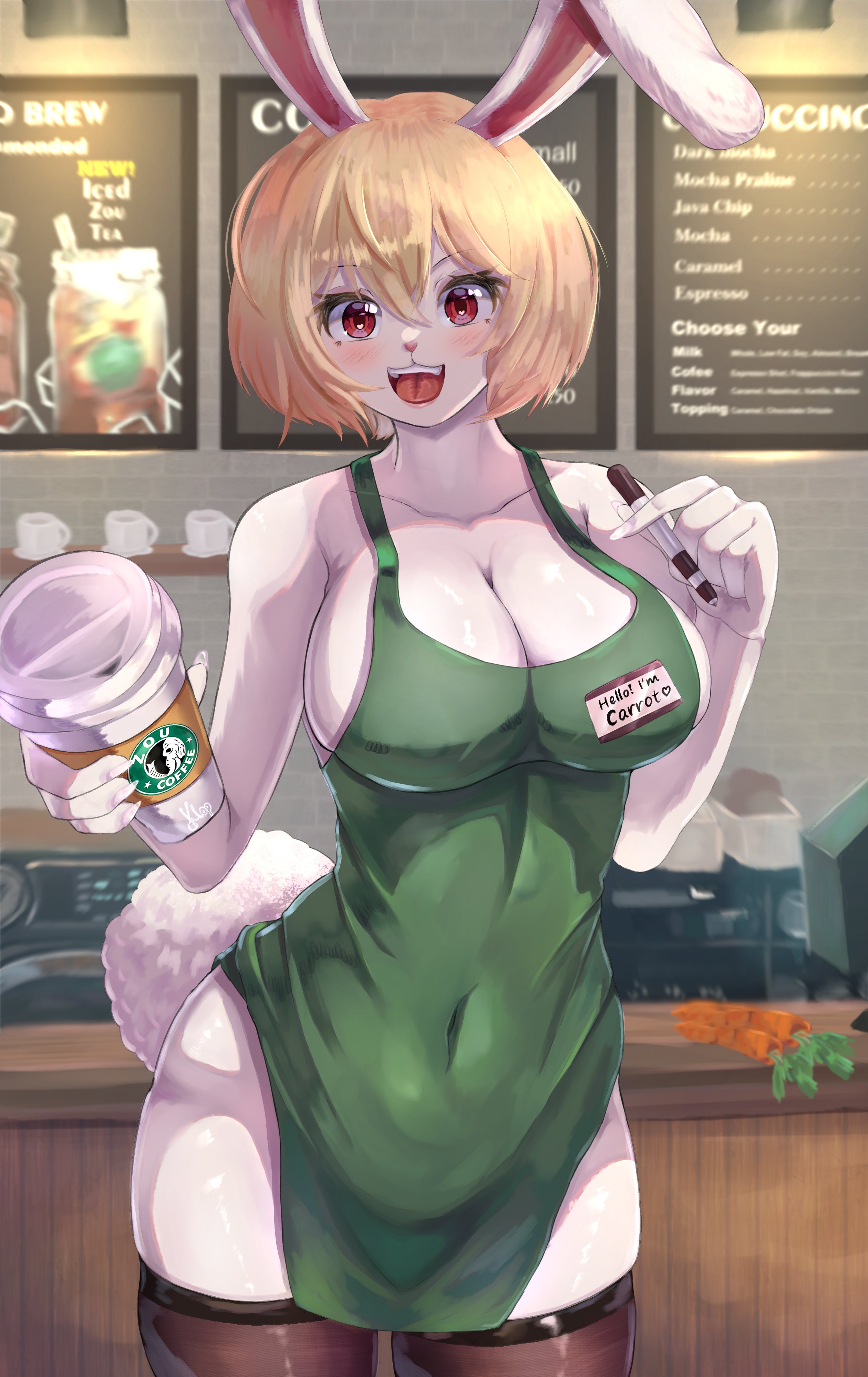 apron, barista, blonde hair, breasts, bunny ears, bunny tail, carrot (one piece), casual, female, female only, furry, happy, iced latte with breast milk, klopsiak, large breasts, meme, naked apron, one piece, outerwear, rabbit ears, rabbit girl, rabbit tail, short hair, starbucks, thighhighs