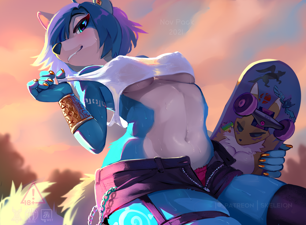 blue_eye blue_fur blue_hair breasts cleavage crop_top crossover digimon ear_piercing furry hair_over_one_eye krystal nintendo nipples_visible_through_clothing outside panties pink_panties renamon short_hair shorts skateboard skeleion star_fox sweat thighhighs unbuttoned_shorts underboob