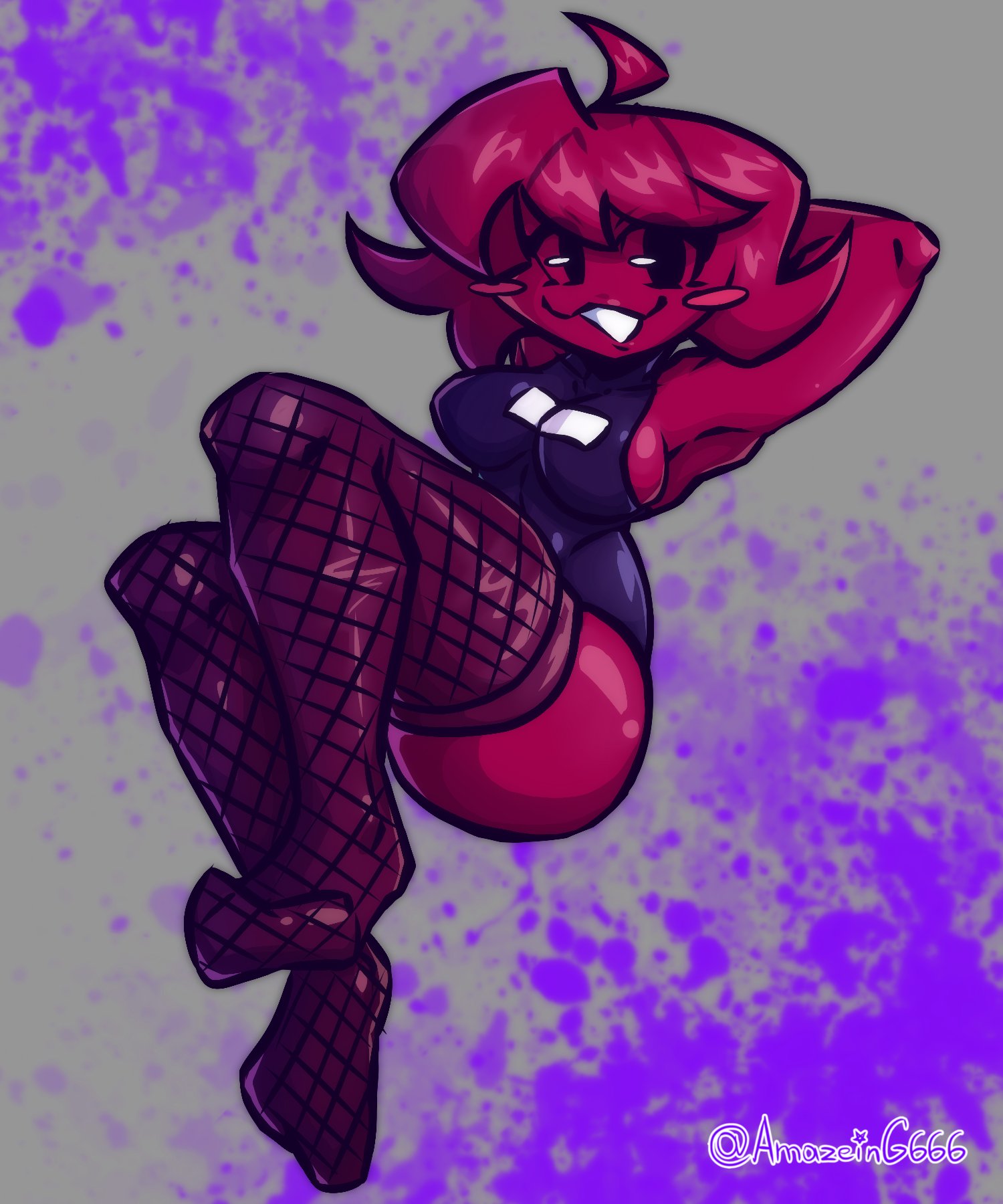 :3, 1girls, amazeing666, blush, breasts, female, friday night funkin, girlfriend (friday night funkin), legs, minus gf (iagoanims), mob face, red hair, red skin, sideboob, simple background, stockings, thick thighs