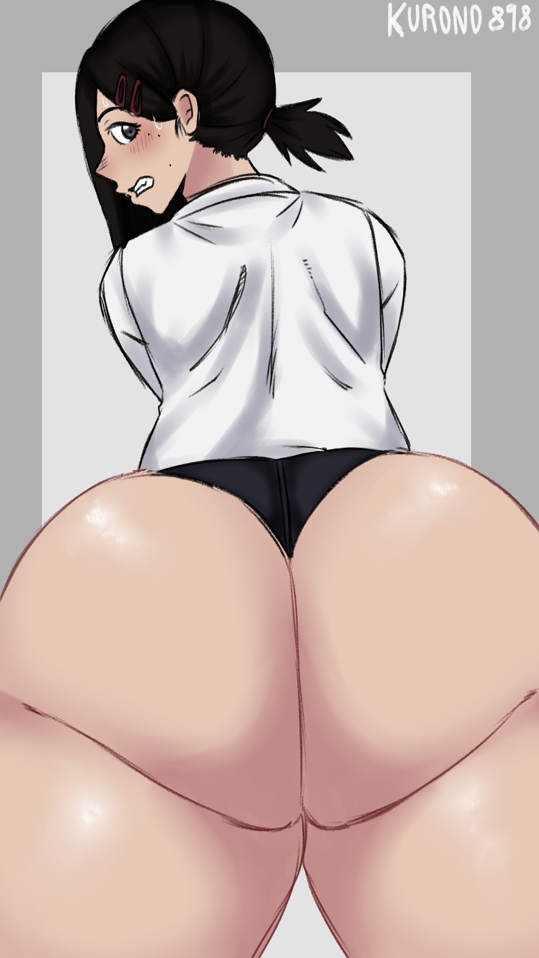 1girls, ass, ass too big, barely contained, barely contained ass, barely fits, big ass, big butt, black hair, blush, bubble ass, bubble butt, chainsaw man, enormous ass, female, higashiyama kobeni, huge ass, imminent wardrobe malfunction, inconvenient ass, inconvenient butt, kurono898, large ass, looking at own ass, looking at own butt, looking back, looking back at ass, looking back at self, panties, partially clothed, solo female, straining clothing, sweat, sweatdrop, thick ass, thick thighs, tight fit, too tight, undersized clothes, undersized clothing