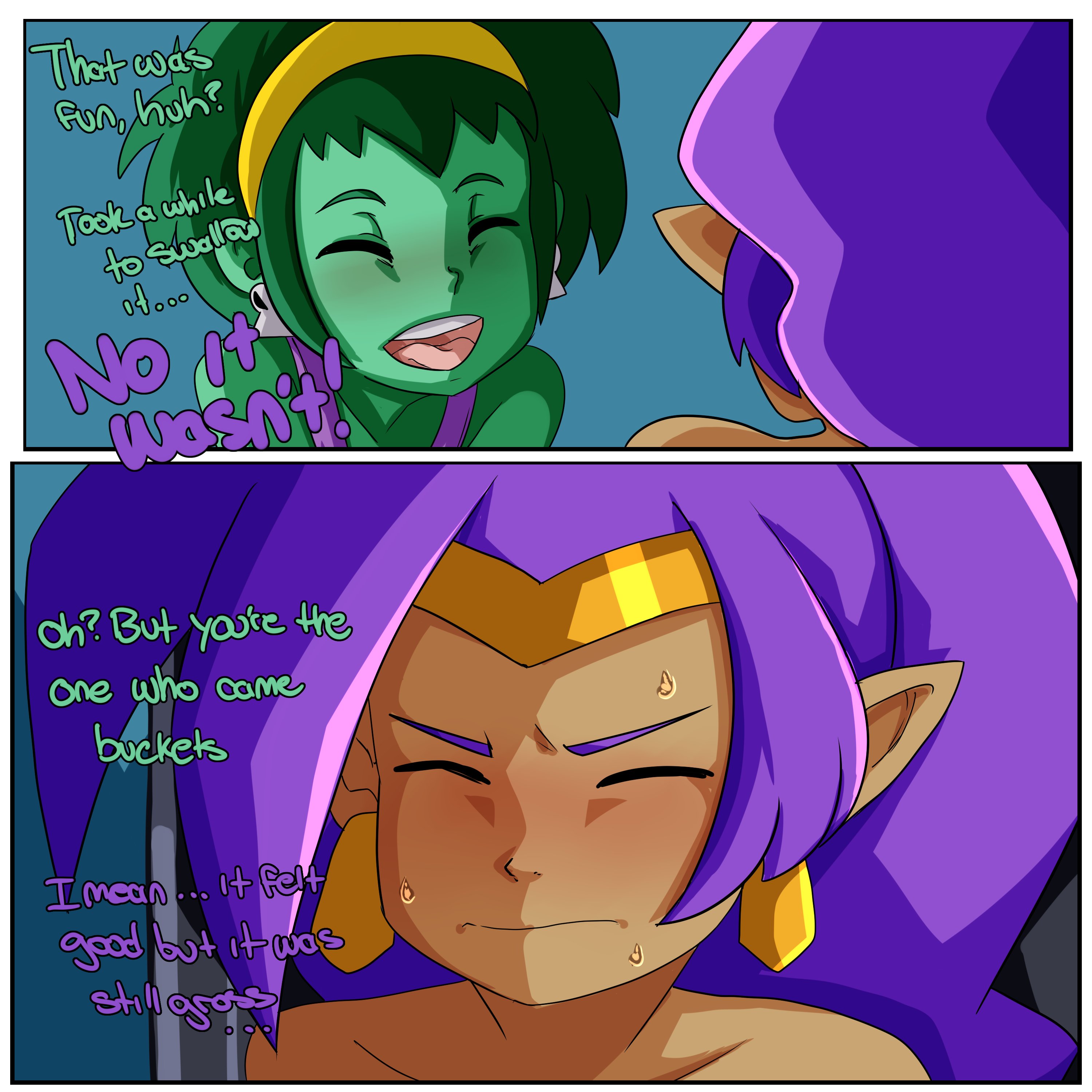 1futa, 1girls, after orgasm, after sex, dark skin, dark-skinned futa, dialogue, duo, female, futa on female, futanari, green hair, green skin, humanoid, intersex, inuyuru, long hair, pointy ears, purple hair, rottytops, shantae, shantae (character), short hair, smile, smooth skin, sweat, text, upper body, wayforward, zombie, zombie girl