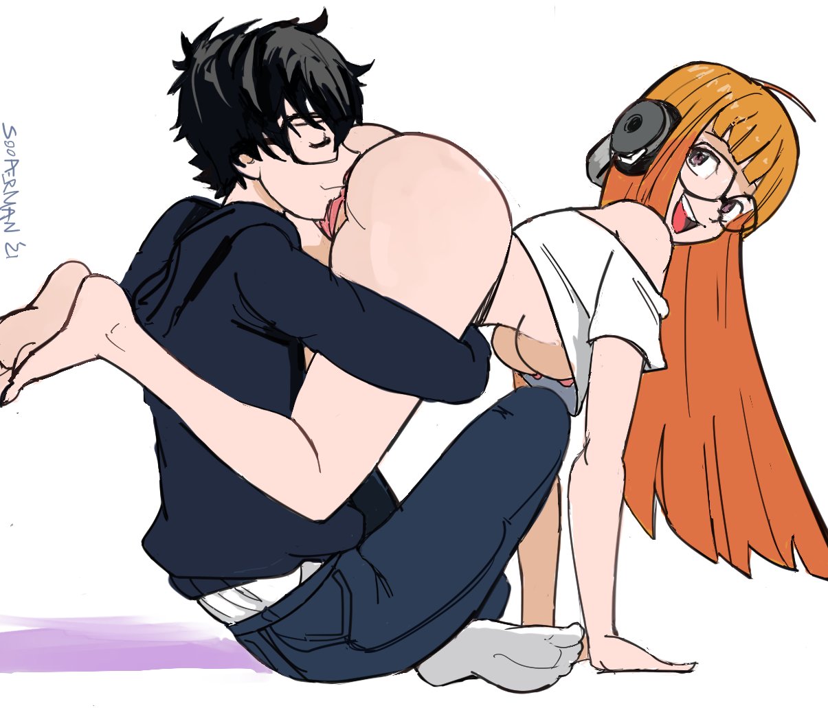 1boy 1boy1girl 1girls akira_kurusu ass ass_on_face ass_up atlus cunnilingus curvaceous curvy curvy_body curvy_female curvy_figure female glasses happy_sex human licking licking_lips licking_pussy long_hair male nude oral oral_sex orange_hair persona persona_5 sakura_futaba sensual smile sooperman straight white_skin