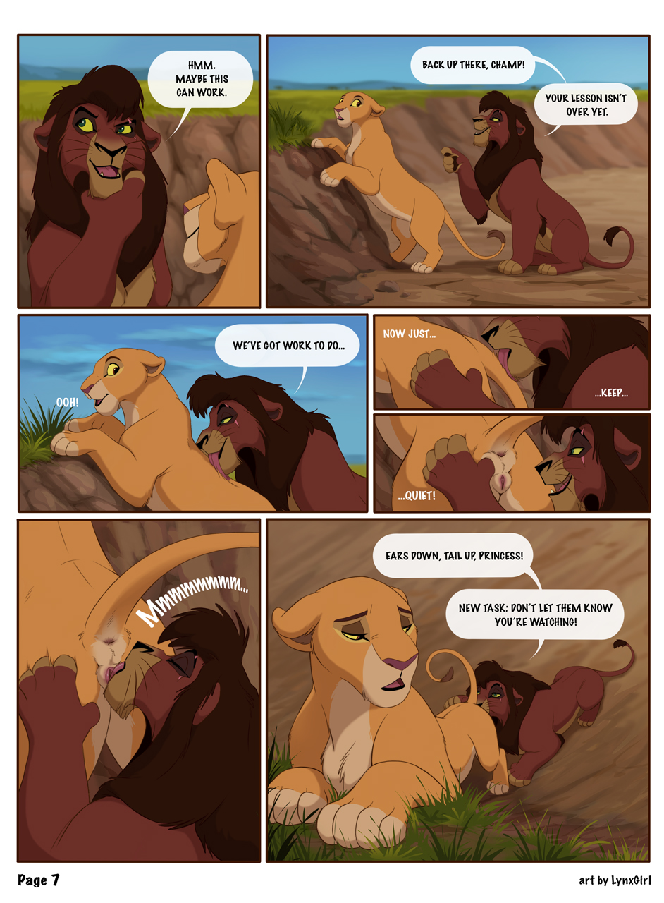 anus comic cunnilingus detailed_background dialogue disney english_text eye_scar facial_scar felid female feral genitals grass hi_res kiara kovu lion looking_at_another male male/female mammal mane oral outside pantherine paws plant pussy radixpanther reallynxgirl scar sex sky speech_bubble teasing text the_lion_king vaginal_penetration whiskers yellow_eyes