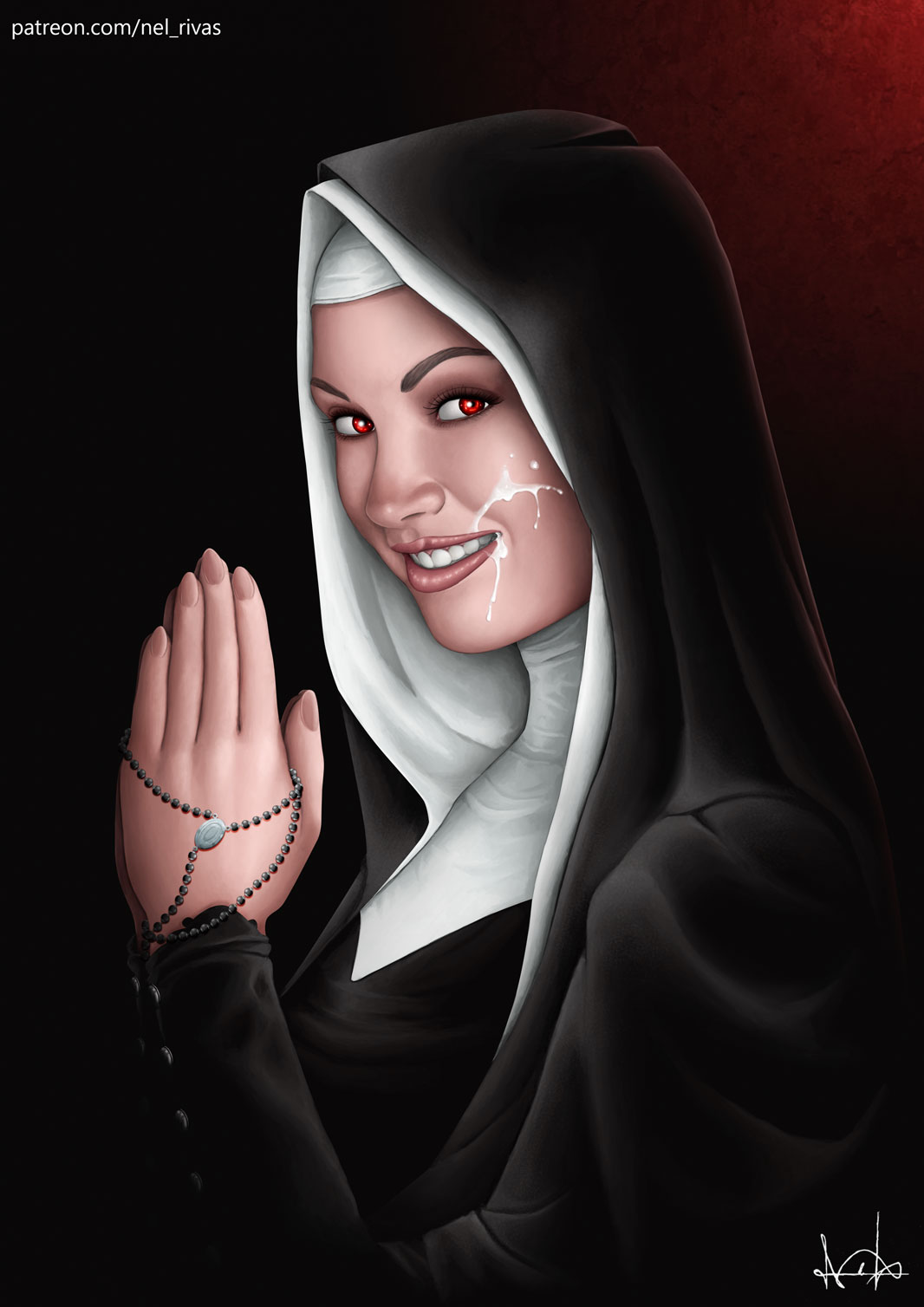 1girls candle_(artist) christianity clothed clothing cum cum_on_face female female_only human human_only light-skinned_female light_skin ludja_amsel naughty_face nel_rivas nun prayer_beads praying red_eyes religion slutty_nun victorian