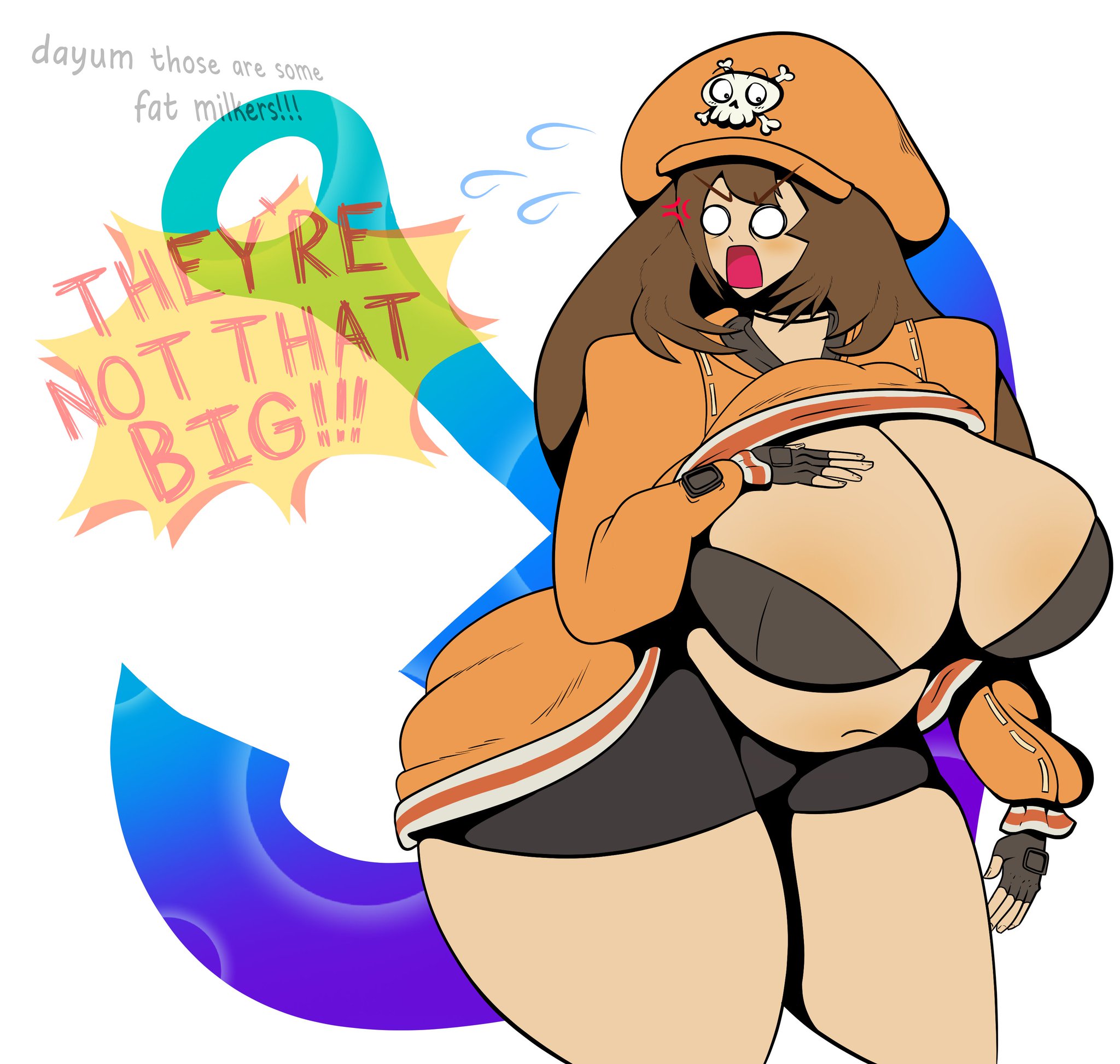 1girls, alternate body type, alternate breast size, big belly, bra, breasts, enormous breasts, enormous thighs, female, female only, genpis chong, gigantic breasts, gigantic thighs, guilty gear, huge breasts, huge thighs, may (guilty gear), shirt lift, shirt up, shocked, shocked expression, spats, thick thighs, tummy, wide hips