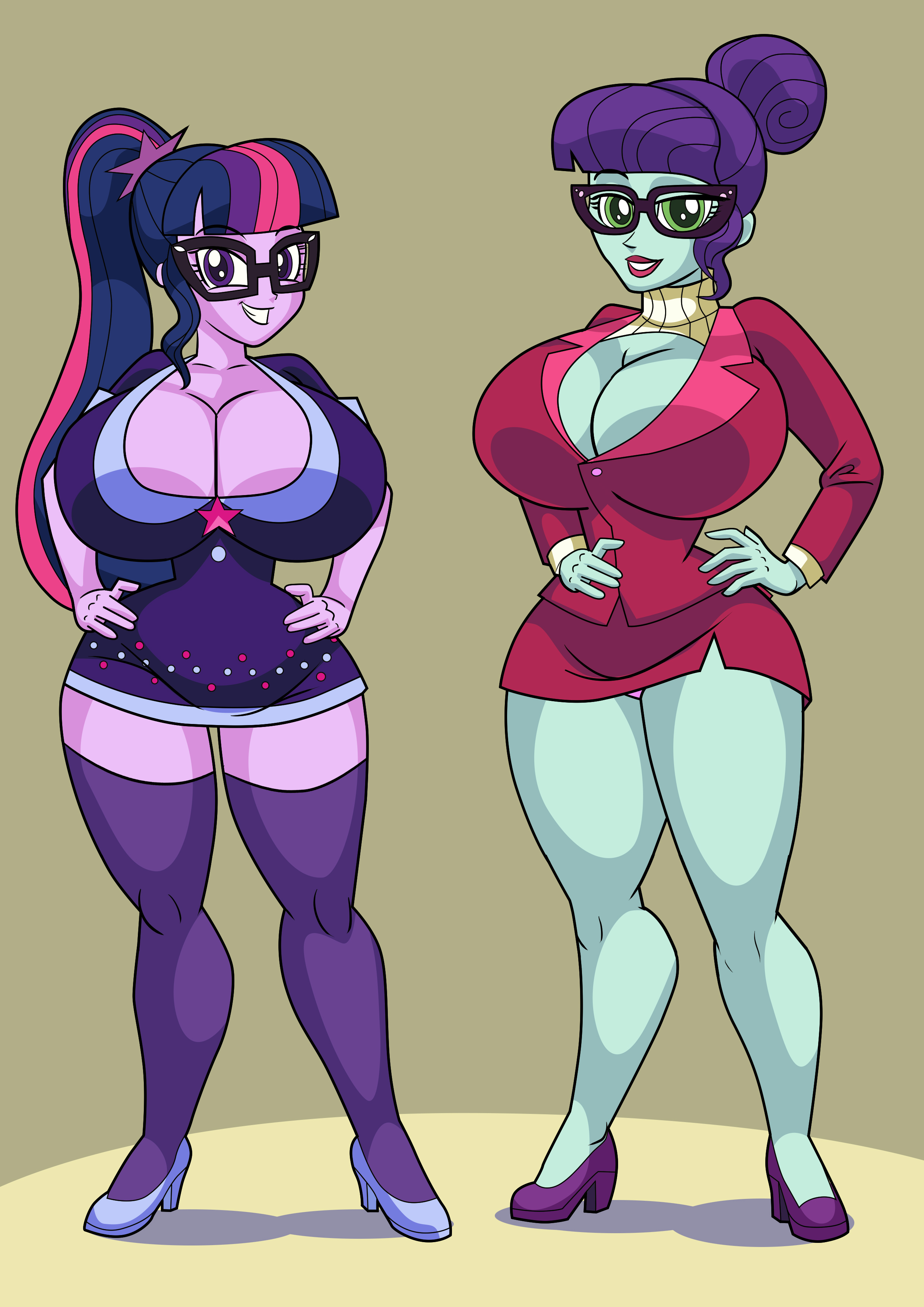 2girls, art-2u, big breasts, bimbo, breasts, cleavage, commission, curvy, equestria girls, female, female only, friendship is magic, glasses, hair bun, hands on hips, hasbro, hi res, high heels, highres, hourglass figure, huge breasts, large breasts, looking at viewer, miniskirt, my little pony, nerdy female, panties, pink panties, pink underwear, ponytail, rosette nebula (eg), sci-twi, smiling at viewer, thighhighs, twilight sparkle (mlp), underwear, wide hips, zettai ryouiki