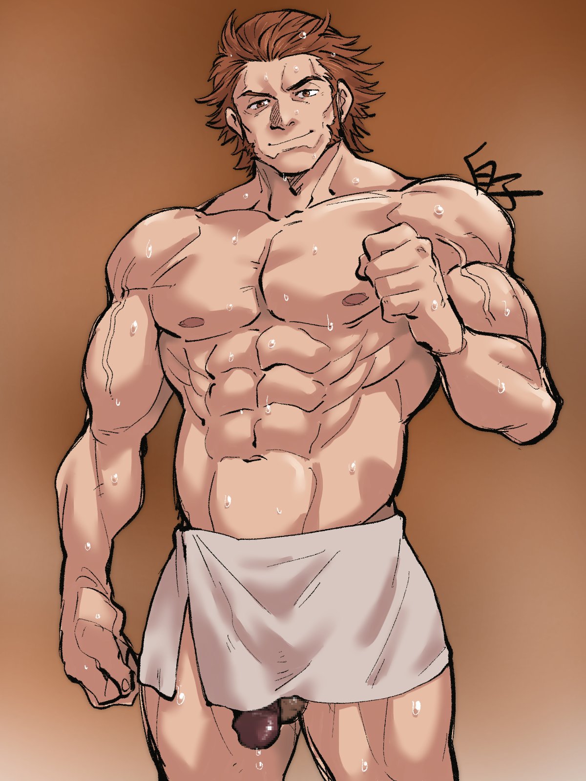 1boy 41raco abs bara brown_hair deliford feet_out_of_frame granblue_fantasy highres kirupi large_pectorals long_sideburns looking_at_viewer male male_focus male_only mature_male muscular muscular_male naked_towel navel nipples official_alternate_costume pectorals penis penis_peek sauna short_hair sideburns smile solo standing stomach sweat thighs topless_male towel towel_around_waist wet