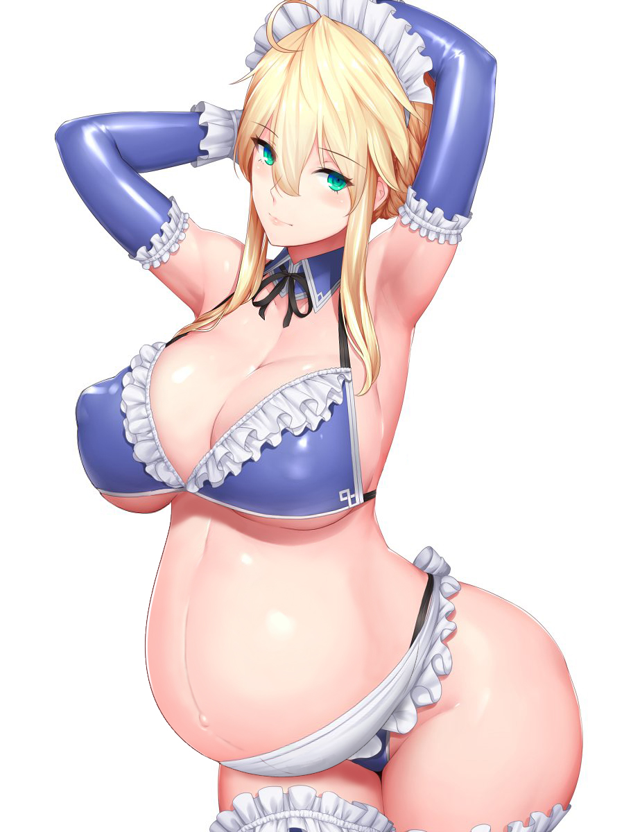 alternate_version_available apron armpits arms_up artoria_pendragon artoria_pendragon_(lancer) big_breasts bikini blonde_hair cleavage elbow_gloves fate_(series) female female_only frilled_bikini frilled_legwear frilled_skirt frills gloves green_eyes hair_between_eyes kageshio_(276006) looking_at_viewer maid_headdress nipple_bulge pregnant sidelocks solo swimsuit thick_thighs thighhighs underboob wide_hips