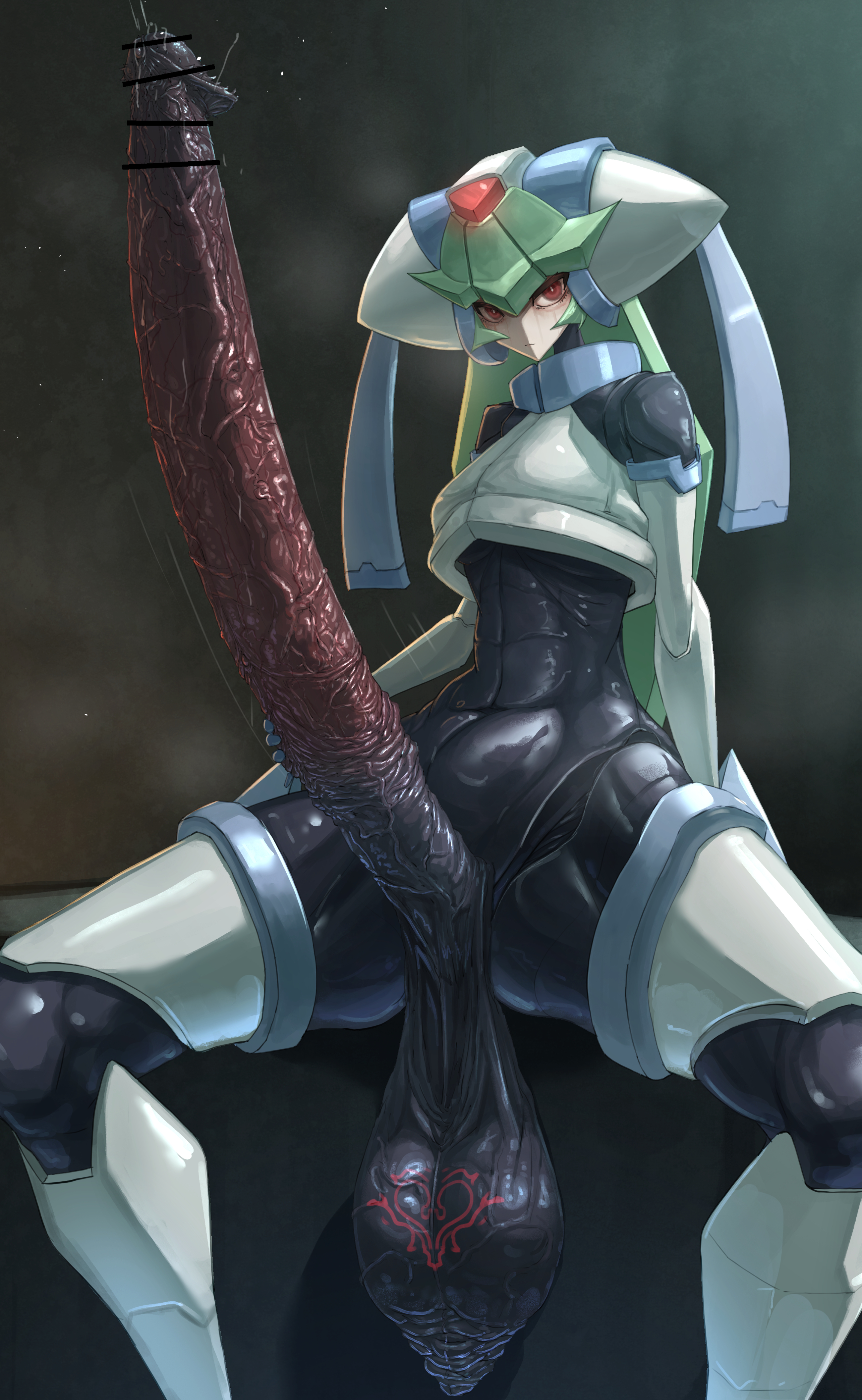 1futa, android, armor, balls, balls tattoo, canvassolaris, clothed, clothing, erection, female, full-package futa, futa only, futanari, huge balls, huge cock, humanoid, humanoid penis, hyper balls, hyper penis, intersex, long penis, looking at viewer, mega man, mega man zx, pandora (mega man), penis, robot, robot girl, sagging balls, solo, solo futa, spread legs, spreading, squatting, veiny penis