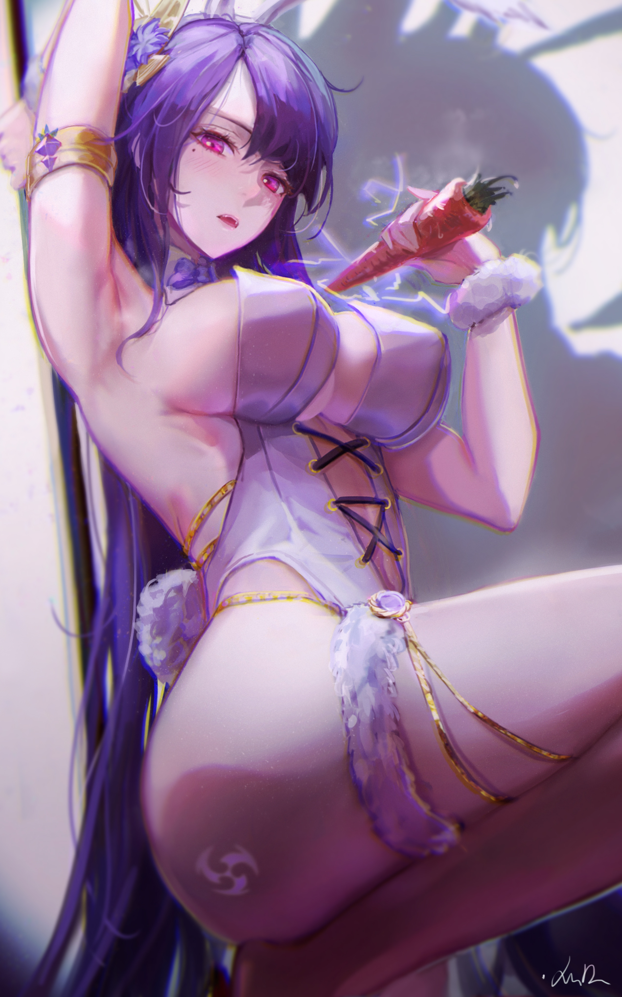 1girls, beauty mark, breasts, bunny ears, bunny girl, bunny tail, bunnysuit, carrot, female, genshin impact, large breasts, leotard, lingerie, mole, mole under eye, nipple bulge, purple eyes, purple hair, raiden shogun, thick thighs, thigh strap, thighs, xude