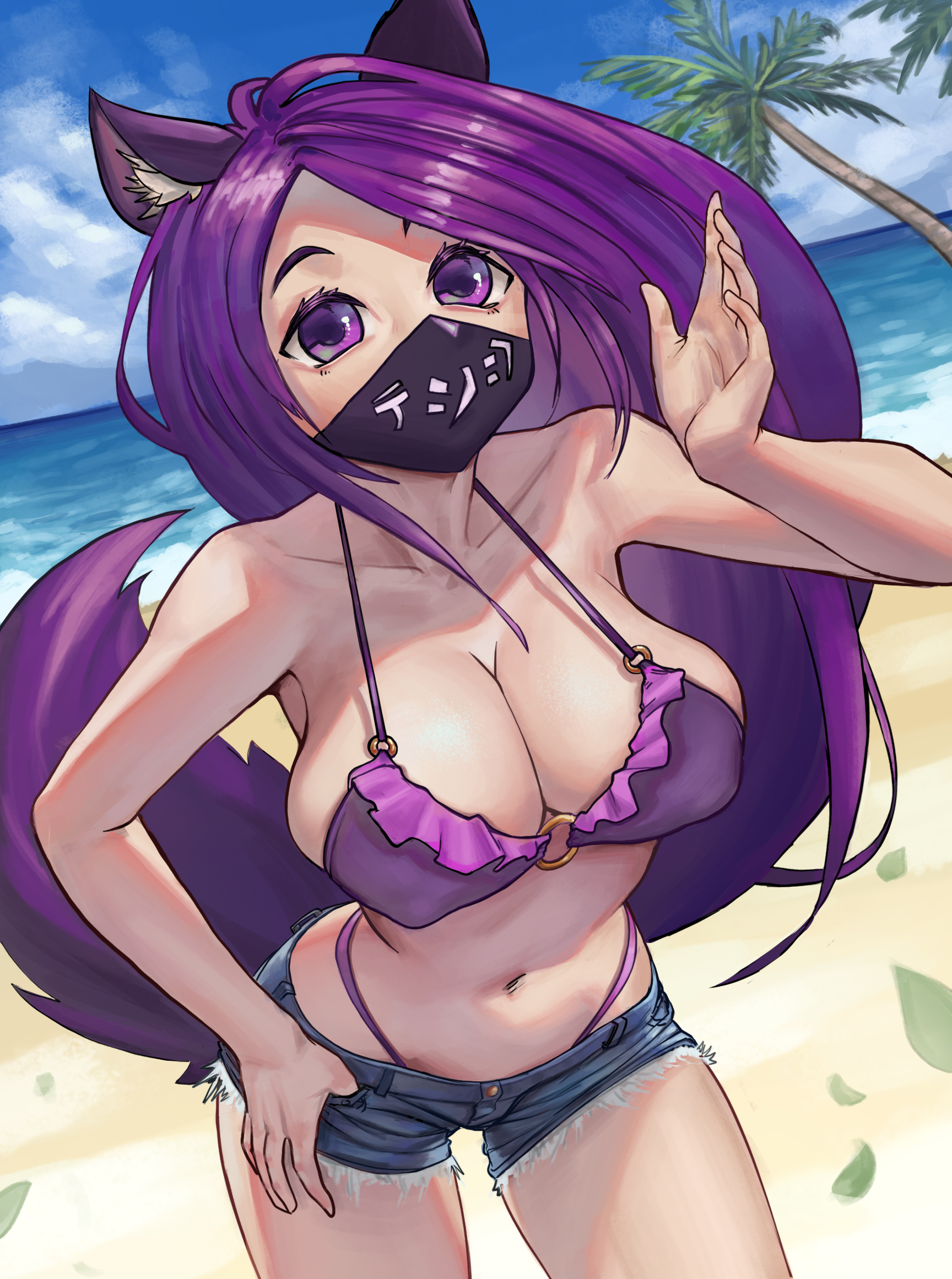 1girls, 2021, 2d, 2d (artwork), beach, belly button, breasts, cleavage, collarbone, commission, day, daytime, face mask, female, female only, gakibaki, jean shorts, kemonomimi, light skin, light-skinned female, long hair, looking at viewer, medium breasts, mitsuki (hanns33694210), no sex, original, original character, outside, pale skin, pale-skinned female, palm tree, panties, partially clothed, purple bra, purple eyes, purple hair, purple panties, purple tail, questionable, sand, short shorts, shorts, sky, solo, solo focus, standing, stomach, thighs, water, wolf ears, wolf girl, wolf tail