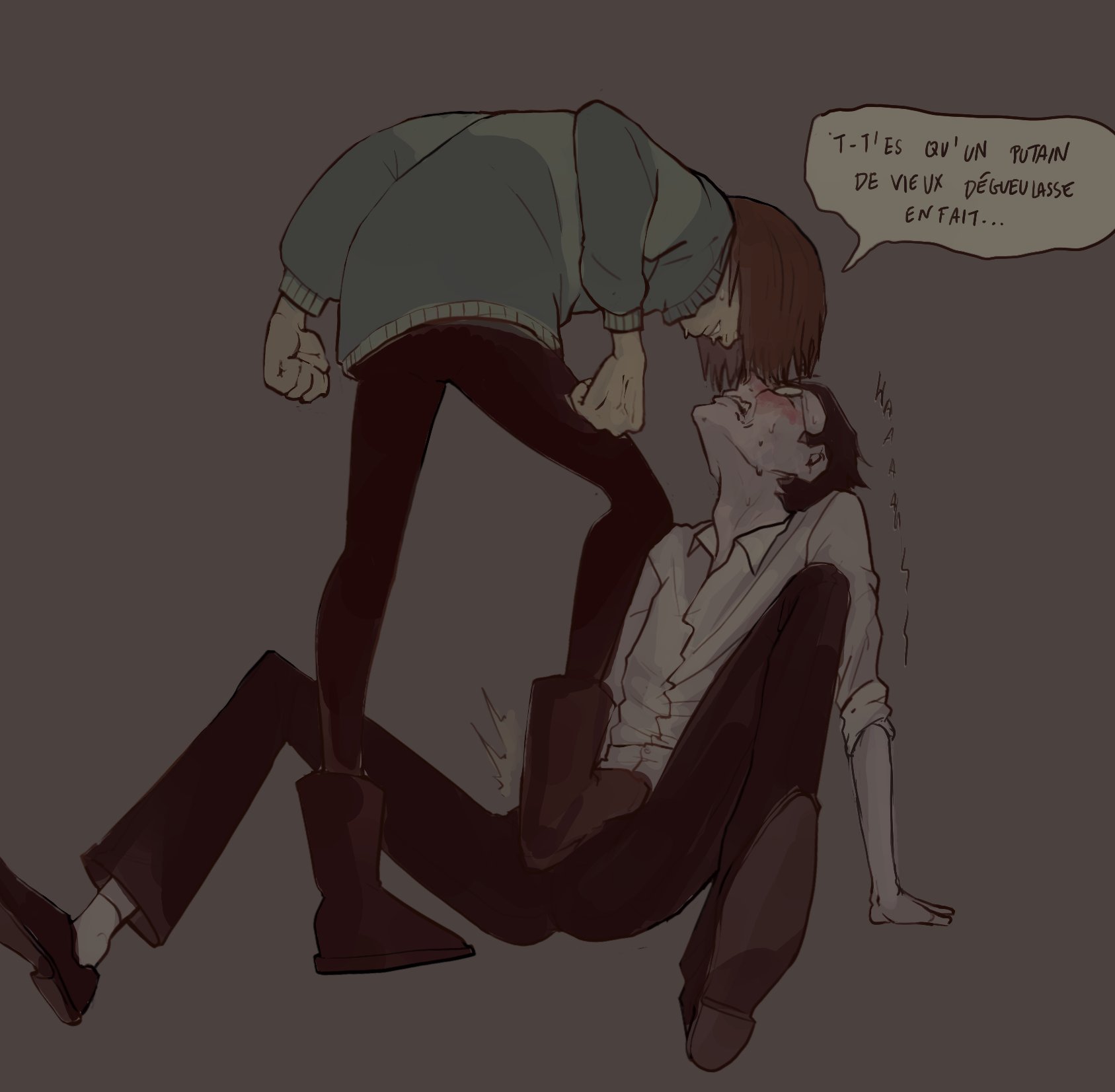 ambiguous gender, black hair, blush, boot fetish, boots, brown hair, clothed, deltarune, deltarune chapter 2, dialogue, french text, kris (deltarune), male, male/ambiguous, older male, penis, shy, spamton g spamton, stepped on, stepping on penis, undertale (series)