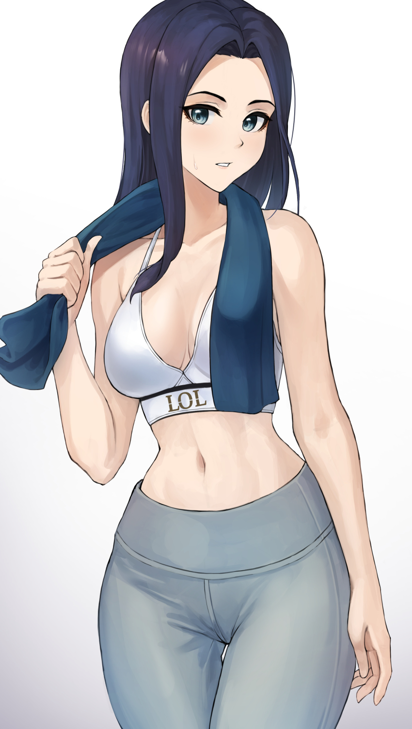 1girls, artist request, bare arms, bare shoulders, blue eyes, breasts, caitlyn kiramman, crop top, female, hand up, league of legends, long hair, looking at viewer, riot games, solo, standing, towel, towel around neck, yoga pants