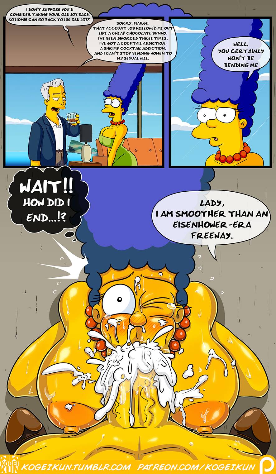 blowjob, breasts, cheating, cheating wife, cum in mouth, english text, fellatio, female, huge breasts, instant loss 2koma, kneeling, kogeikun, looking at viewer, looking up, male, male pov, marge simpson, milf, mother, naked, nude, on knees, oral, pov, rear view, robert marlow, standing, text, the simpsons