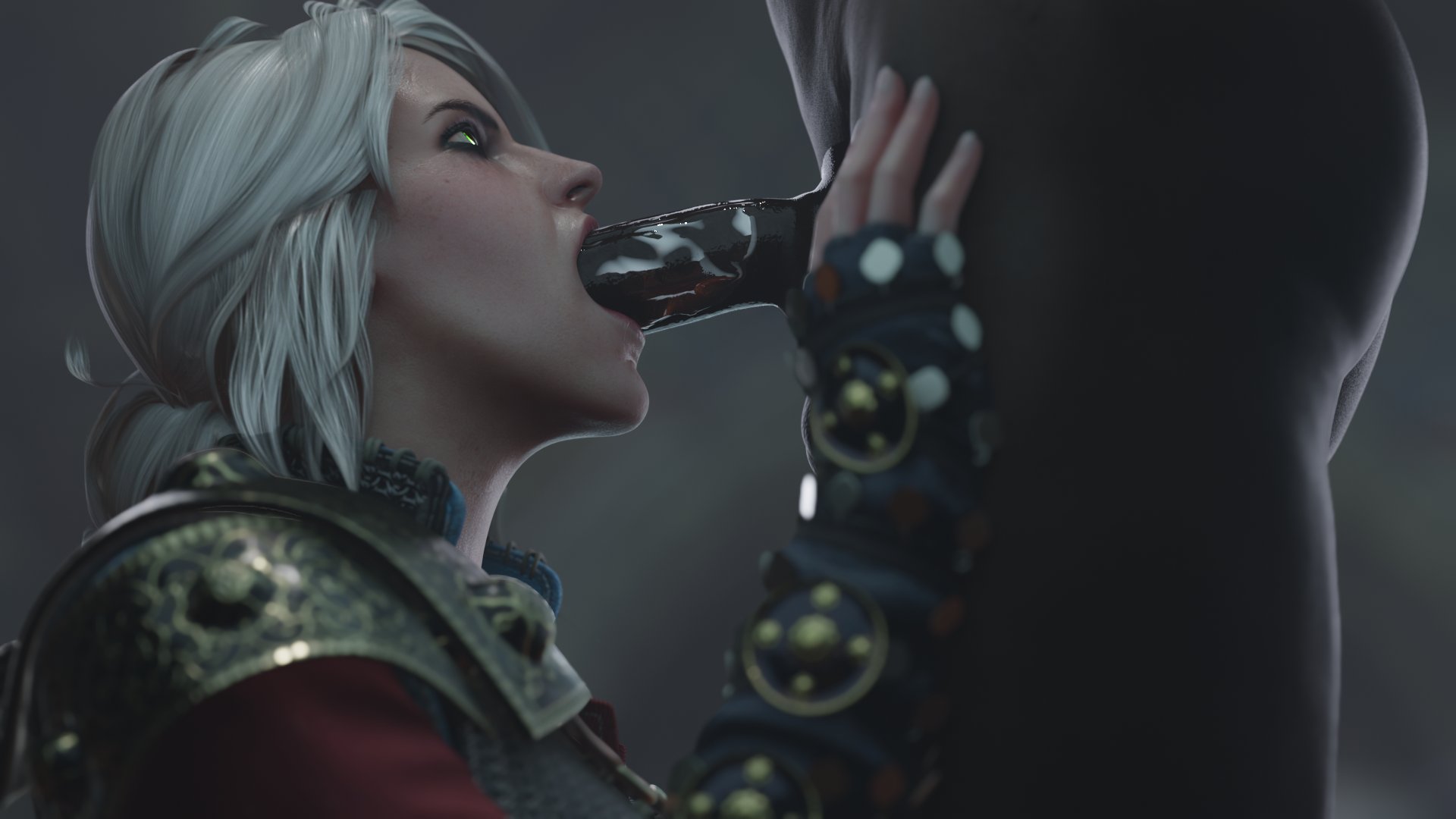 1boy, 1girls, 3d, beauty mark, big penis, blowjob, cd projekt red, ciri, close-up, clothed female nude male, dark skin, dark-skinned male, erect penis, erection, eyeshadow, fellatio, female, female focus, freckles, from side, gloves, green eyes, hand on another's thigh, hand on leg, hands on thighs, interracial, kneeling, light skin, light-skinned female, looking at partner, looking up, makeup, male, male/female, mascara, mouthful, nude, nude male, nude male clothed female, oral, oral sex, partial male, penis, saliva, saliva on penis, scar, side view, stephanie23, straight, the witcher, the witcher (series), the witcher 3: wild hunt, tied hair, white hair