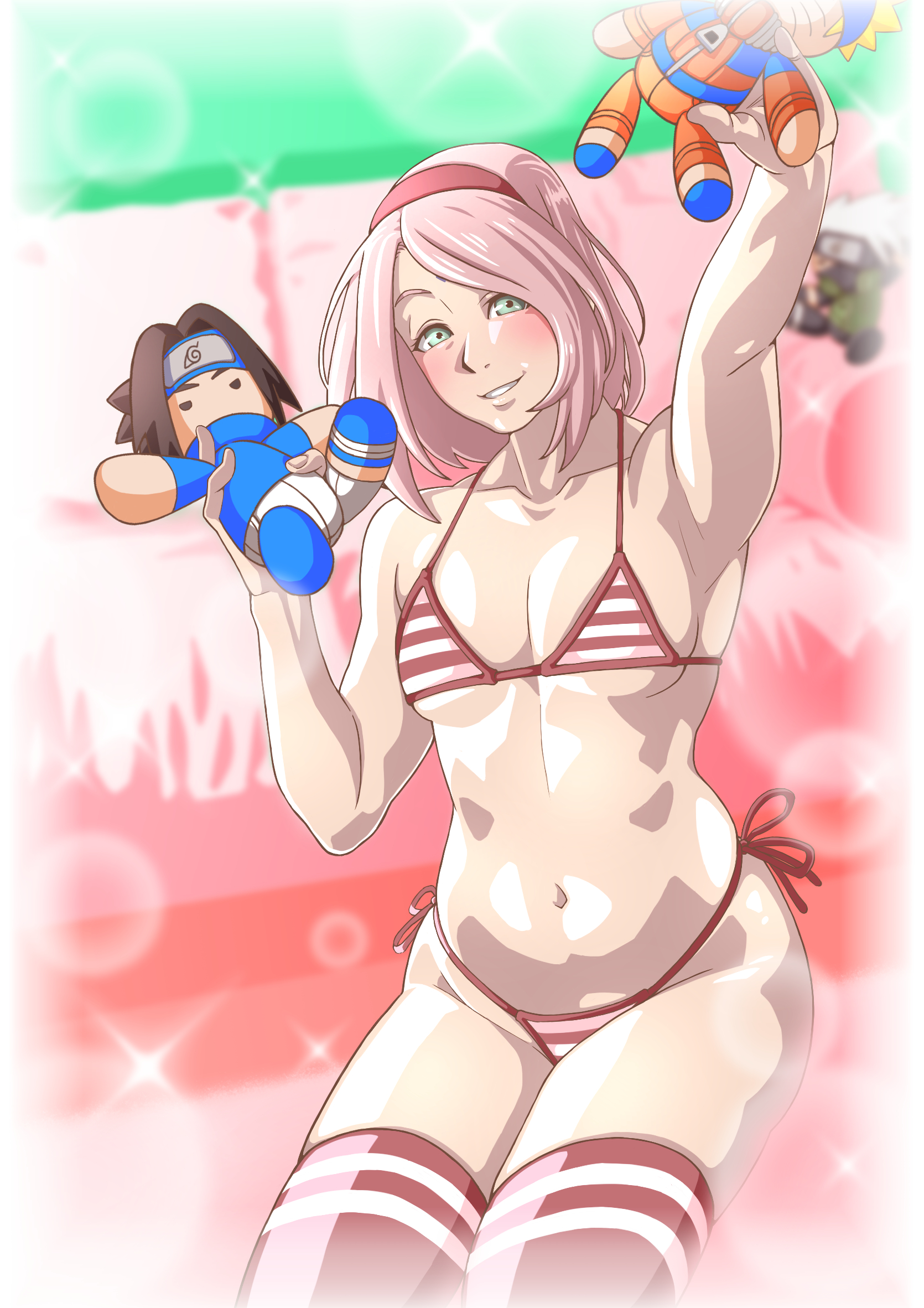 1girls, bikini, blush, boruto: naruto next generations, female, female focus, female only, fully clothed, green eyes, holding object, long hair, naruto, naruto (series), naruto shippuden, naruto: the last, pink hair, playing, revealing clothes, saburo des, sakura haruno, sasuke uchiha, side-tie bikini, sitting, solo, solo focus, striped bikini, striped legwear, stripes, stuffed toy, toy, uzumaki naruto