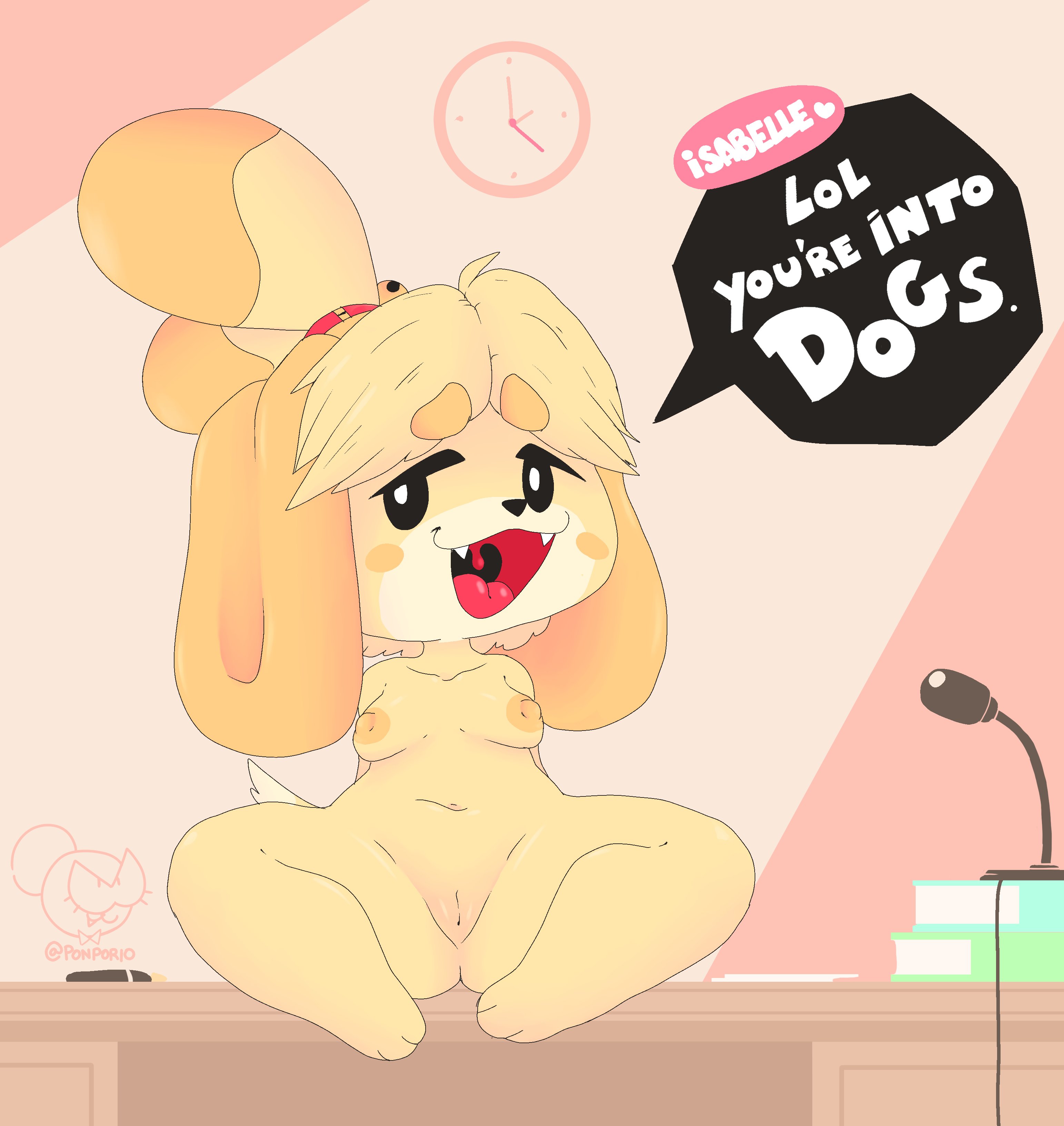 2021, absurd res, animal crossing, anthro, breasts, canid, canine, canis, desk, dialogue, domestic dog, english text, fangs, female, female only, fur, furniture, furry, furry only, genitals, hi res, isabelle (animal crossing), looking at viewer, mammal, naked, nintendo, nipples, nude, ponporio (artist), pussy, shortstack, sitting, smug, solo, solo female, tail, text, video games, yellow body, yellow fur