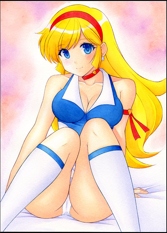 1girls analog blonde_hair cutie_honey hairband honey_kisaragi large_breasts long_hair looking_at_viewer necklace smile smiling_at_viewer solo spread_legs toei_animation underwear