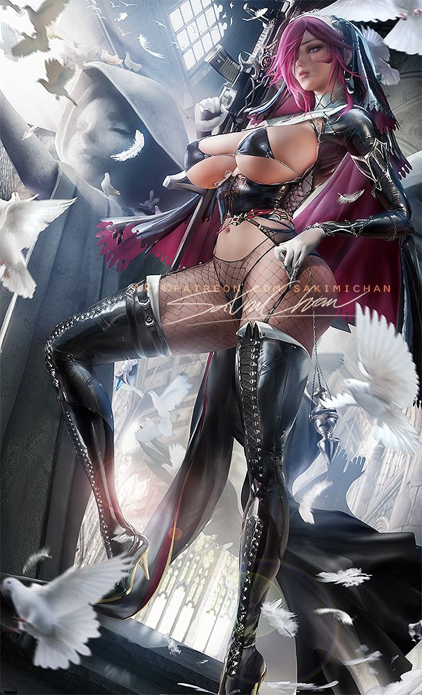 1girls, 2021, artist signature, black clothing, breasts, female, female focus, female only, fishnets, genshin impact, gun, hips, holding object, huge breasts, nun, nun's habit, pantyhose, purple hair, realistic, red eyes, rosaria (genshin impact), sakimichan, slim waist, thick thighs, thighs, watermark, weapon, wide hips