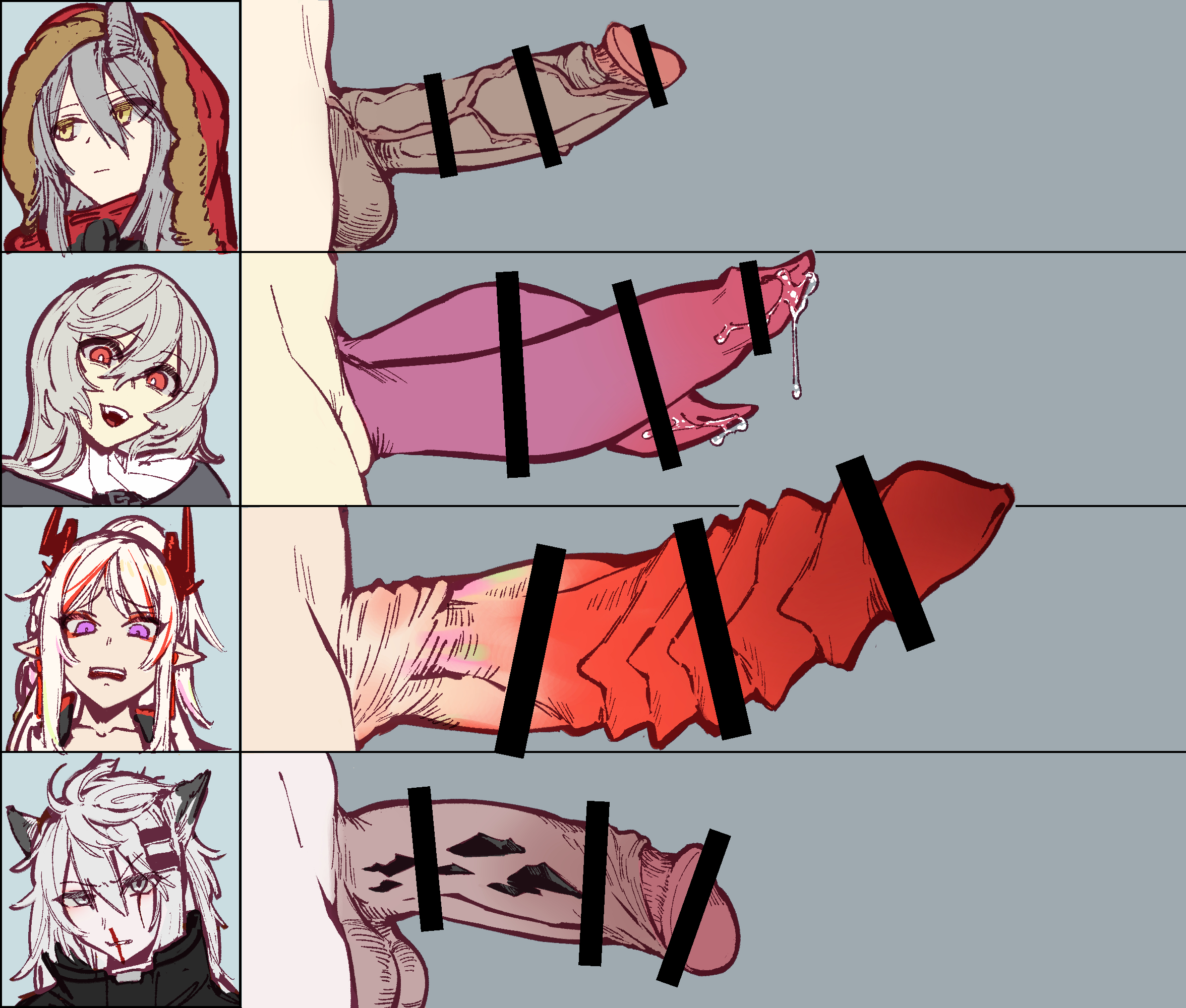 4futas, animal penis, arknights, balls, bar censor, big penis, censored, chart, closed mouth, comparison, dark penis, darkened genitalia, diphallia, diphallism, dragon penis, erection, futa only, futanari, grey background, grey hair, hair between eyes, highres, horns, humanoid, humanoid penis, intersex, lappland (arknights), light skin, light-skinned futa, long hair, looking at viewer, mirin chikuwa, monster cock, multi genitalia, multi penis, nian (arknights), open mouth, oripathy lesion (arknights), pale skin, penis, penis chart, penis comparison, penis size chart, penis size comparison, penis size difference, pointy ears, precum, projekt red (arknights), purple eyes, red eyes, size chart, size comparison, specter (arknights), testicles, veins, veiny penis, yellow eyes