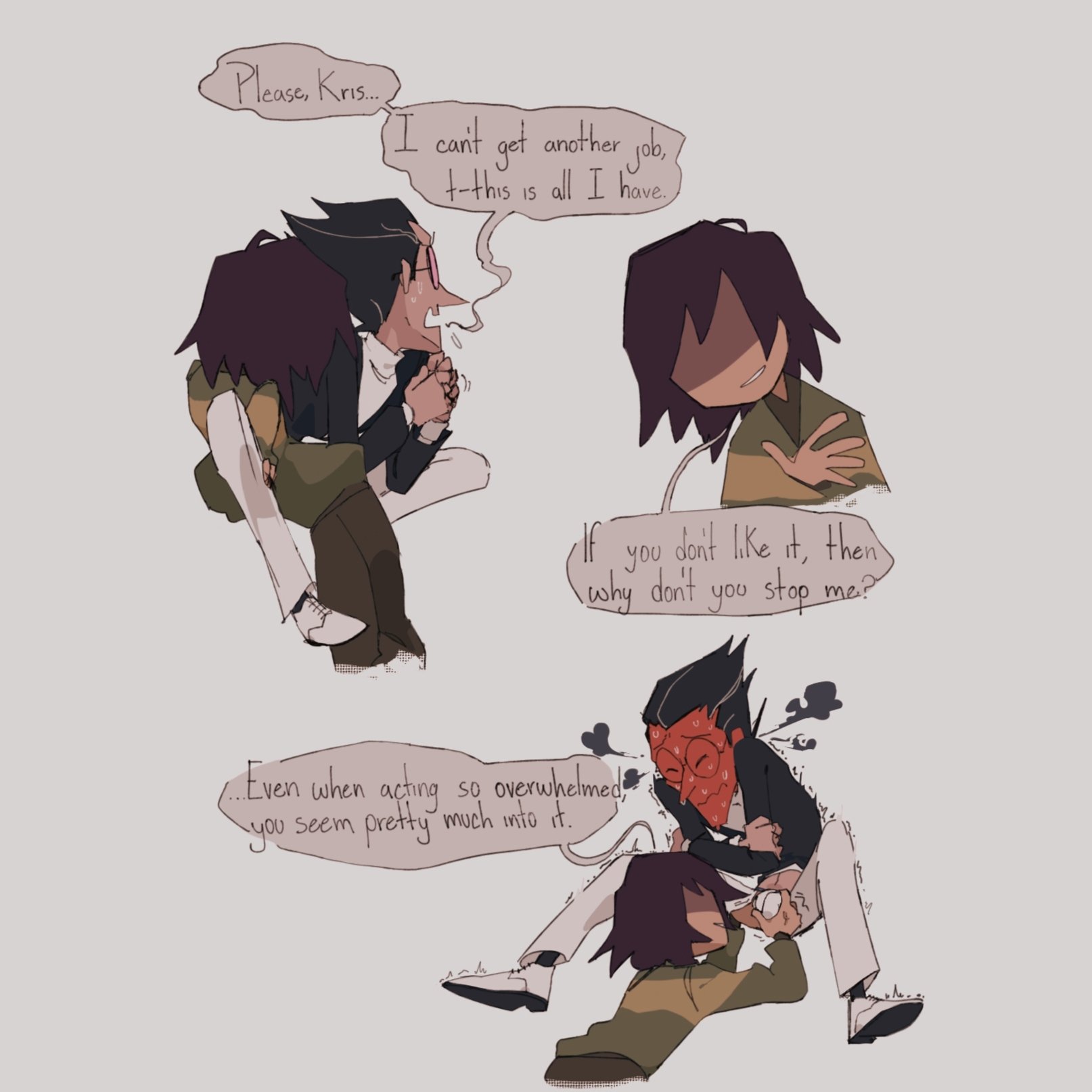 1boy, 1other, ambiguous gender, blush, bulge, bulge grab, clothed, deltarune, deltarune chapter 2, dubious consent, english text, flustered, glasses, groping, human only, humanized, kris (deltarune), male, male/ambiguous, obscured eyes, older male, shy, sleepy art nerd, spamton g spamton, teasing, undertale (series), yaoi