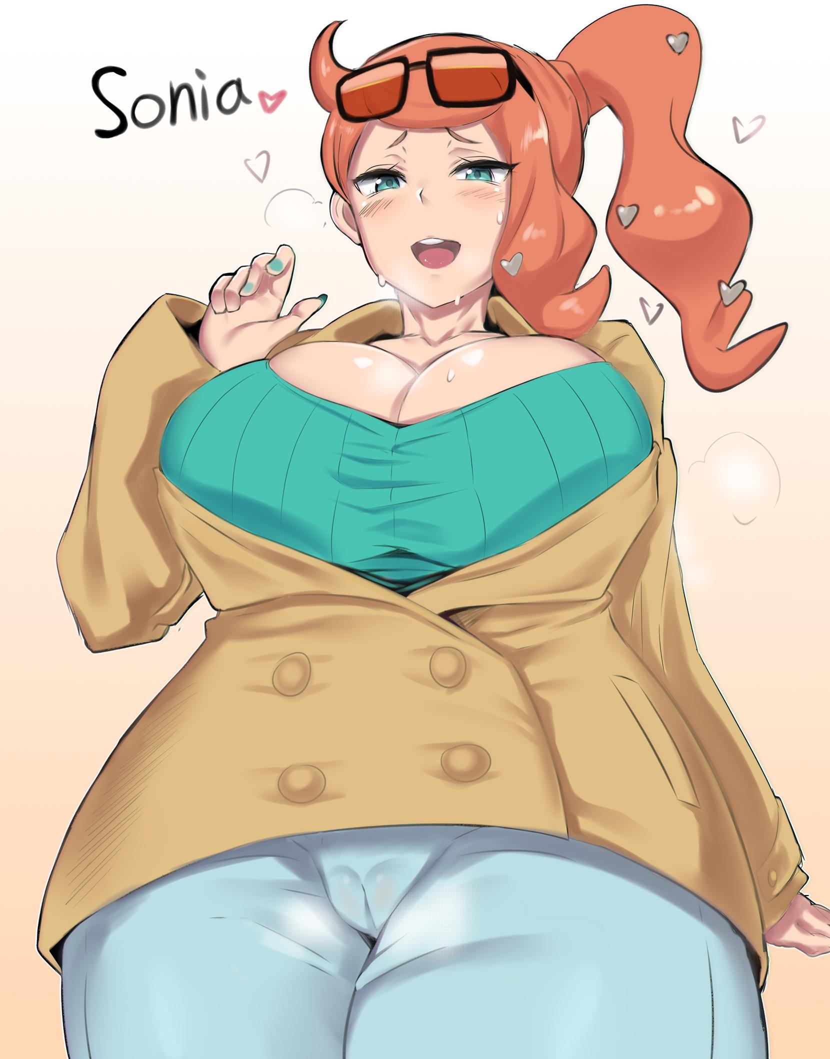 1girls, alternate breast size, aqua eyes, bad id, bad twitter id, blush, breasts, breath, cameltoe, character name, cleft of venus, coat, cowboy shot, creatures (company), eyewear on head, female, from below, game freak, hair ornament, heart, heart hair ornament, heavy breathing, highres, huge breasts, jeans, long hair, long sleeves, looking at viewer, looking down, moisture (chichi), nail polish, nintendo, open mouth, orange hair, pants, plump, pokemon, pokemon (game), pokemon ss, pussy, shirt, side ponytail, solo, sonia (pokemon), standing, sunglasses, sweat, tight jeans, tight pants, trench coat