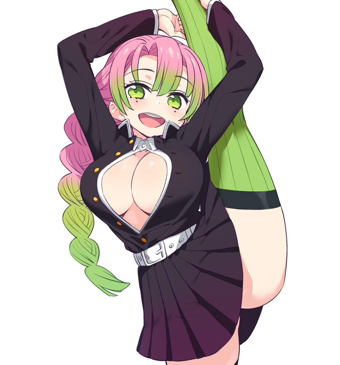 1girls, bangs, big breasts, blush, braided hair, breasts, chan co, cleavage, demon slayer, female, gradient hair, green eyes, kanroji mitsuri, kimetsu no yaiba, leg lift, leg up, long hair, long sleeves, looking at viewer, mole under eye, no bra, open mouth, open shirt, pink hair, pink-haired female, pleated skirt, smile, solo, thighhighs, two-tone hair, uniform, vertical splits