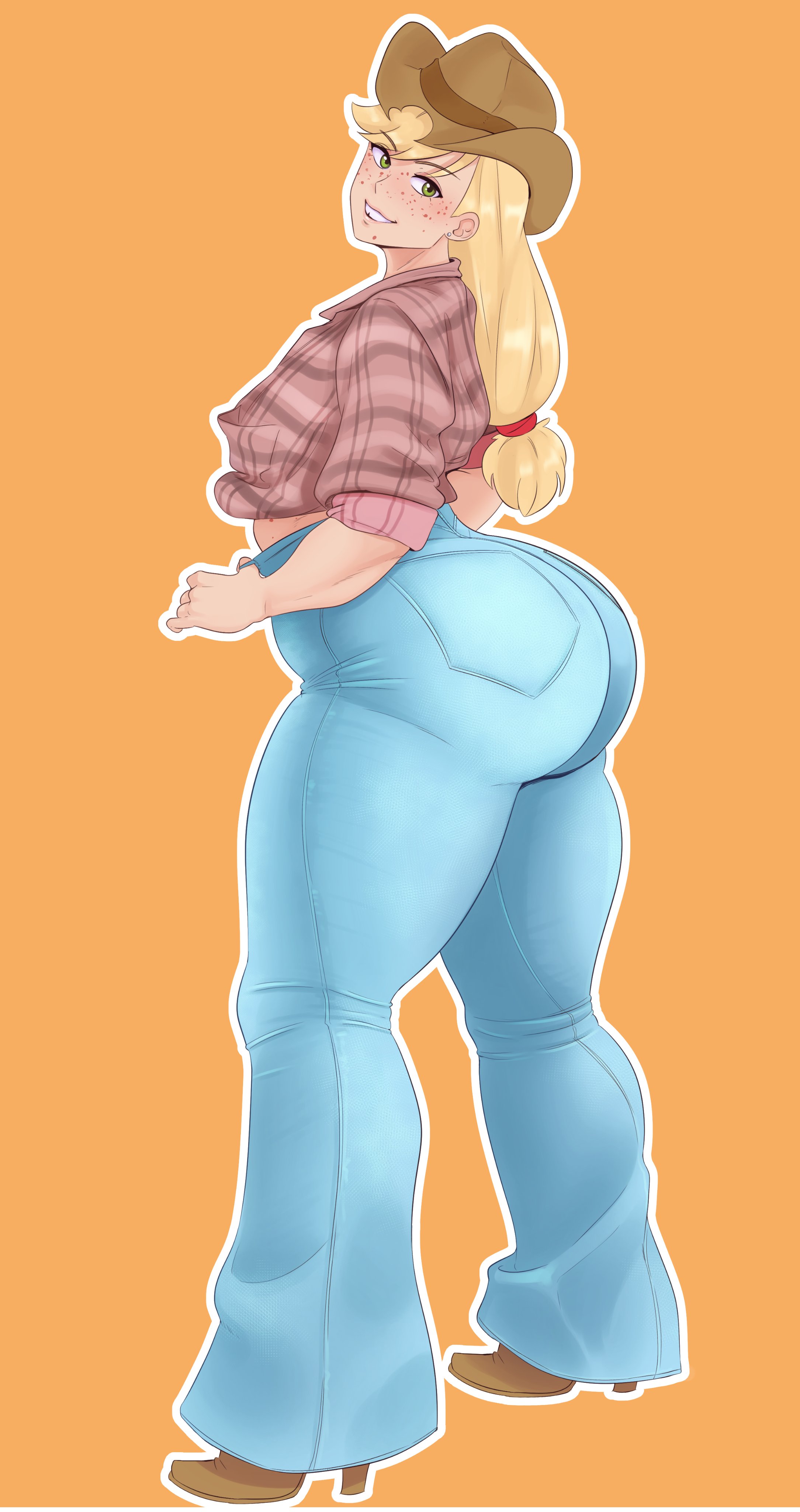 1girls, applejack (mlp), ass, big ass, female, female only, freckles, friendship is magic, human, humanized, looking at viewer, looking back, my little pony, smooth skin, solo, sunnysundown, thick thighs