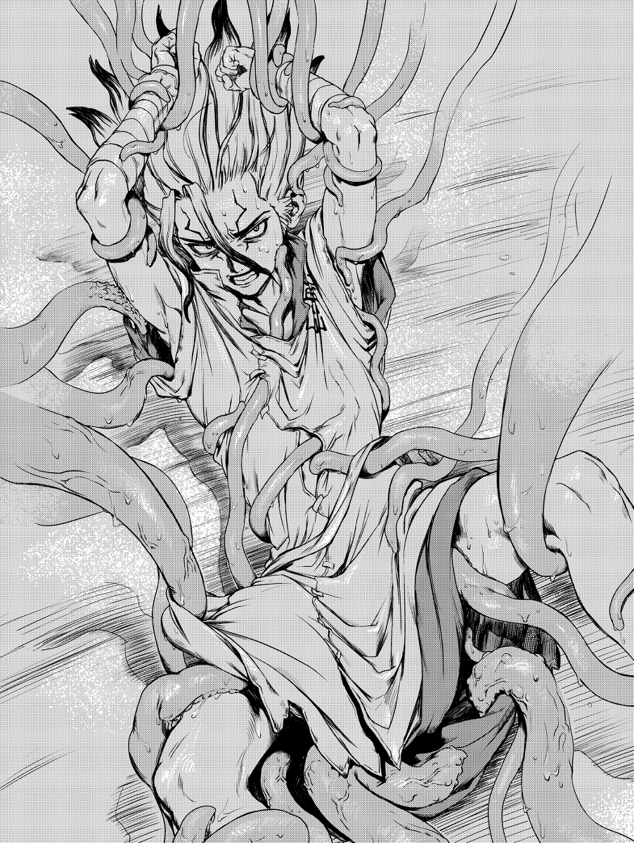 1boy armpits black_and_white dr.stone imminent_rape imminent_sex ishigami_senku male male_only monochrome pov restrained solo solo_focus solo_male sweat sweating teeth_clenched tentacle tentacle_grab tentacle_on_male tentacles_around_arms tentacles_around_legs tentacles_around_wrists tentacles_on_male tentacles_under_clothes veiny_tentacles wet_tentacles