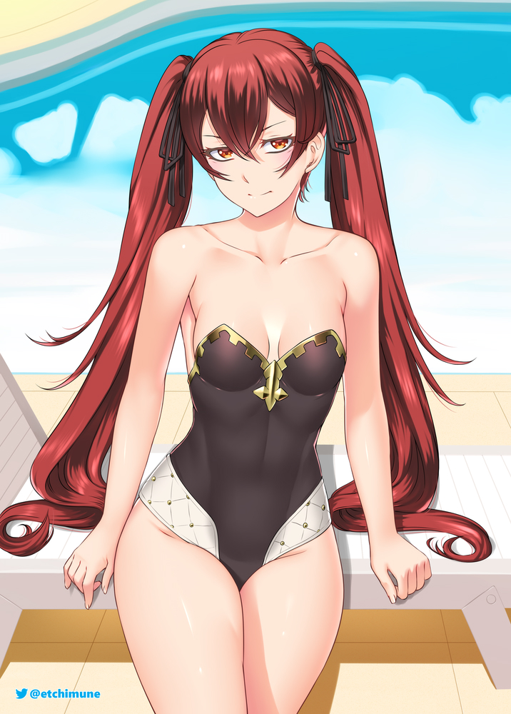 1girls adapted_costume alternate_costume bangs bare_shoulders bare_thighs black_ribbon black_swimsuit breasts closed_mouth collarbone commentary english_commentary etchimune fire_emblem fire_emblem_fates hair_between_eyes hair_ribbon long_hair looking_at_viewer medium_breasts nintendo one-piece_swimsuit pool red_eyes red_hair ribbon selena_(fire_emblem_fates) severa_(fire_emblem) sitting small_breasts smile solo strapless strapless_swimsuit swimsuit thighs twintails very_long_hair